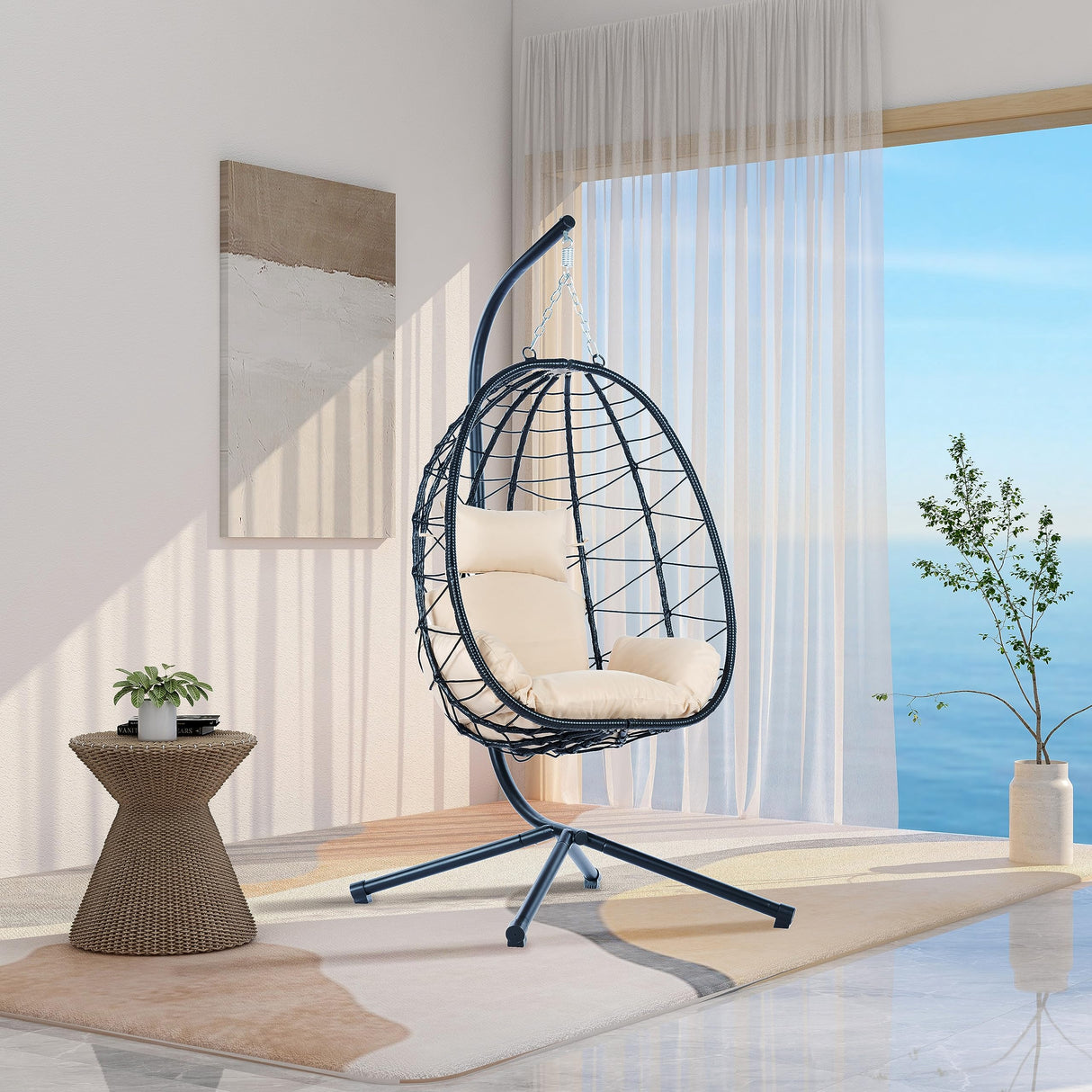 Indoor Outdoor Egg Hanging Chair with Stand, Patio Wicker Outdoor Swings for Adults 350lbs Capacity Hammock Egg Chair with Strong Frame & Soft Cushions for Patio, Bedroom, Balcony, Porch, Yard, Black Ziraukon