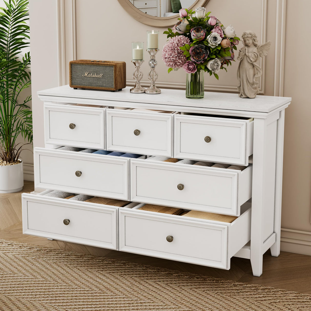 BOSHIRO White Dresser for Bedroom, White 7 Drawers Dresser, Modern 7 Chest of Drawers, Closet Dresser, Farmhouse Dresser with 7 Storage Drawers Cabinet for Home Office, Study Room BOSHIRO