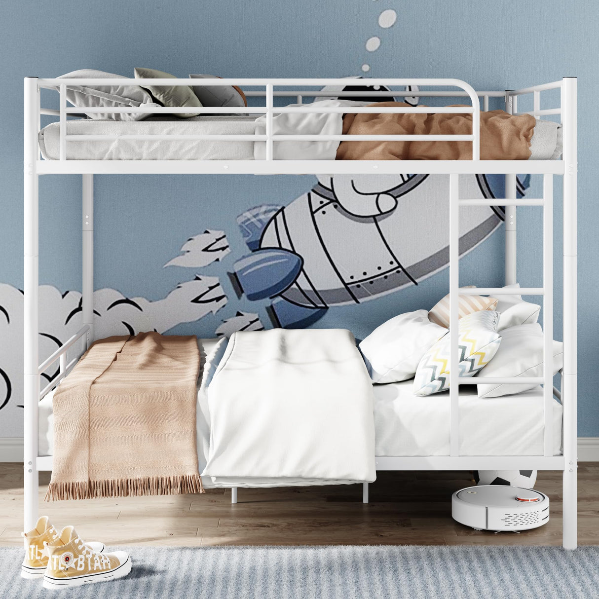 Merax Full Over Full Metal Bunk Bed with Ladder and high Guardrail, Able to Split, Storage Space, No Box Spring Needed, Noise Free, White Merax