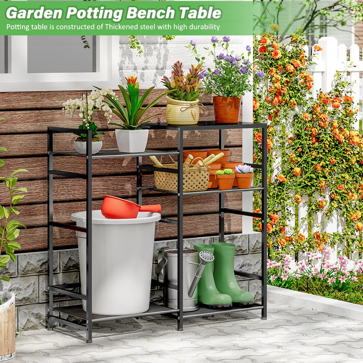 ThreeHio Potting Bench Table, Outdoor Plant Stand Table with Storage, Garden Tools Organizer Shelf Work Bench Station for Backyard, Patio, Balcony, Greenhouse ThreeHio
