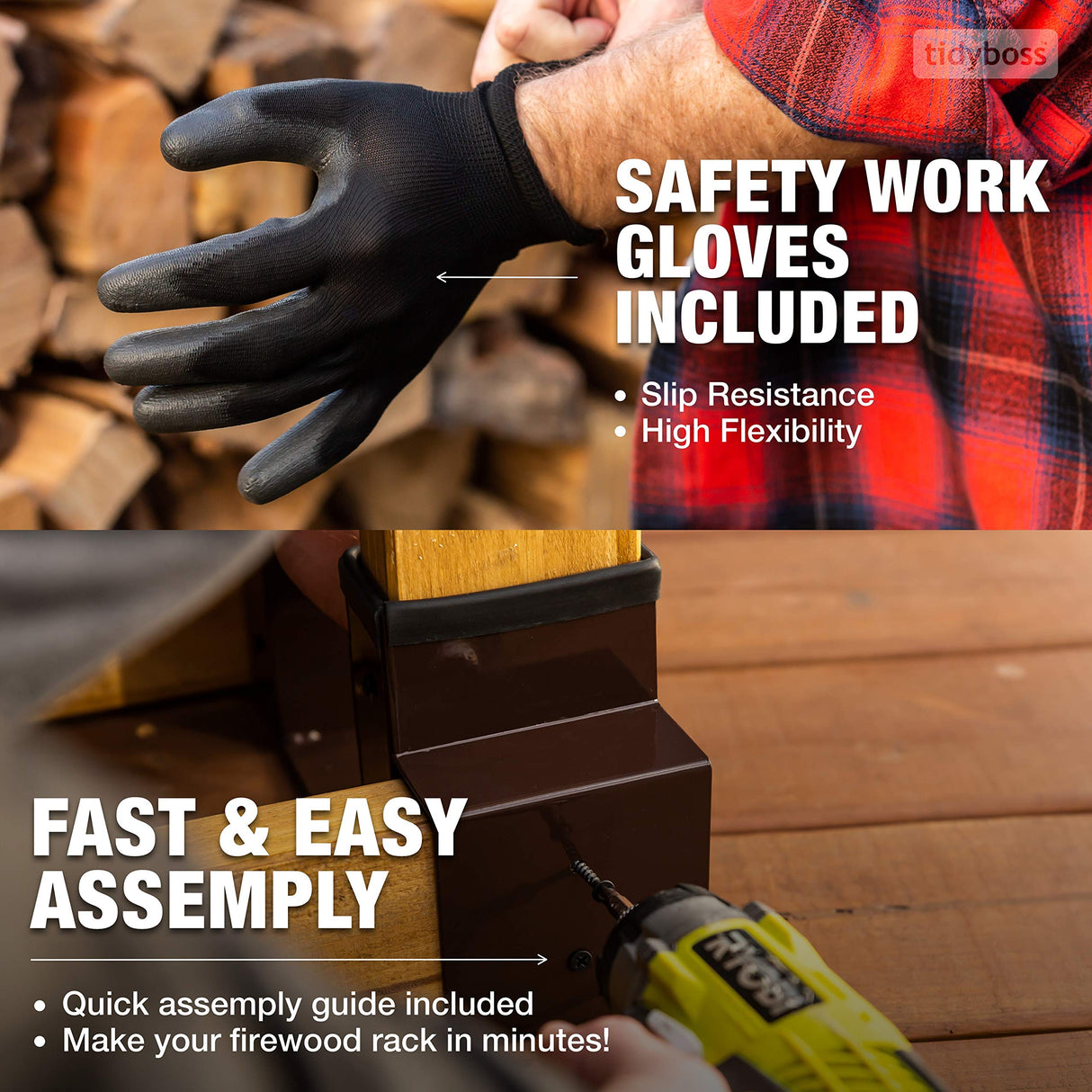 TIDYBOSS Outdoor Firewood Log Storage Rack | 2x4 Bracket kit | Adjustable to Any Length with Seal Strip, Gloves, Steel Plates and Screws (Dark Brown) TIDYBOSS