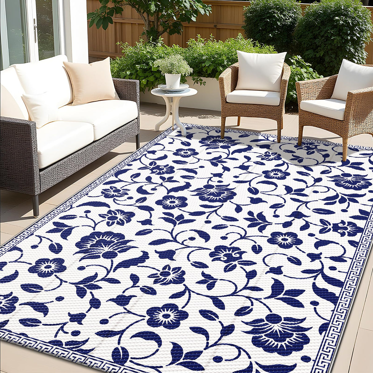 OLANLY Waterproof Outdoor Rug 5x8 ft, Outdoor Plastic Straw Rug with Flower Pattern, Reversible RV Mat for Patio, Camping, Balcony, Deck, Backyard, Navy & White OLANLY