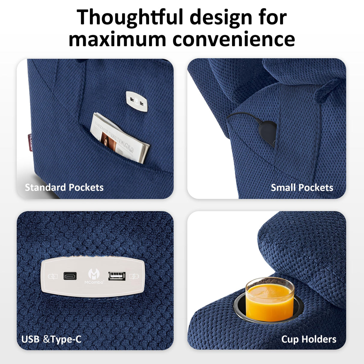 MCombo Large Triple Motor Power Lift Recliner Chair with Massage and Dual Heating, Adjustable Headrest for Tall Elderly People, Fabric 7634 (Navy Blue, Large) MCombo