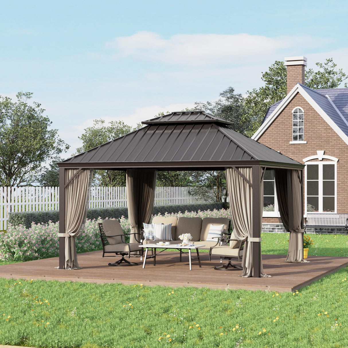 GREEN PARTY 12 X 14ft Hardtop Gazebo with Nettings and Curtains, Heavy Duty Double Roof Galvanized Steel, Outdoor Aluminum Gazebos Pergolas for Patios, Backyard, Deck, Garden, Lawns GREEN PARTY