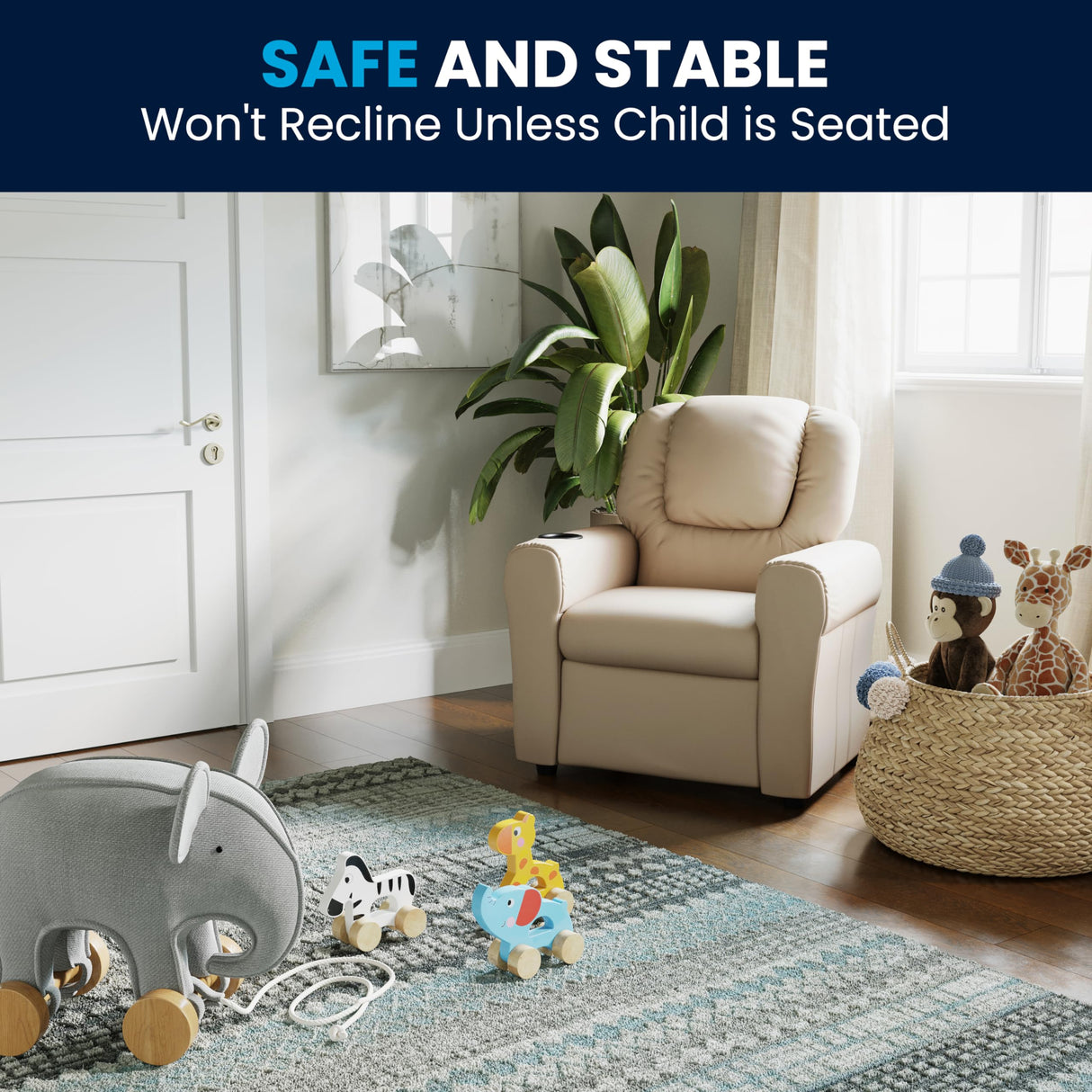 Flash Furniture Vana Vinyl Kids Recliner with Cup Holder, Headrest, and Safety Recline, Contemporary Reclining Chair for Kids, Supports up to 90 lbs., Beige Flash Furniture