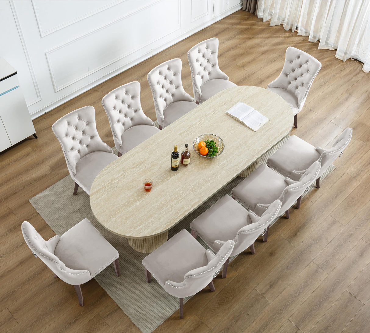 63"-94" Large Extendable Dining Room Table Set for 10, 11-Piece Oval Dining Table Set with 10 Beige Upholstered Chairs, Space Saving Farmhouse Expandable Kitchen Table Set with Fluted Wood Base Pvillez