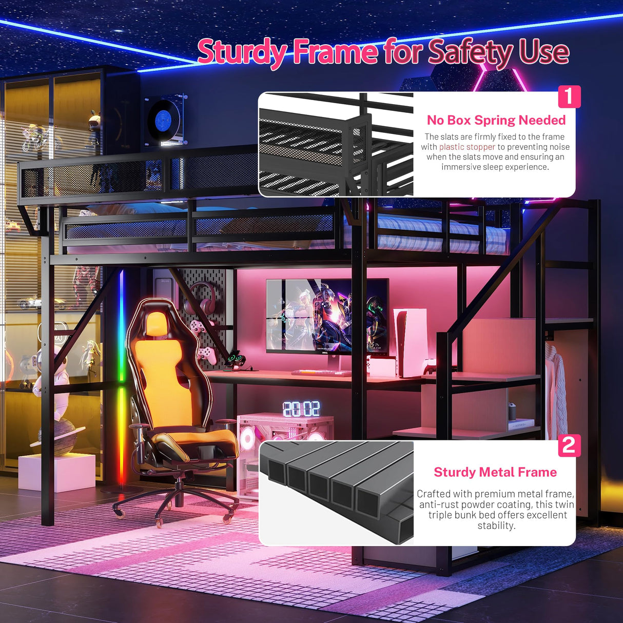 Metal Loft Bed with Desk and RGB LED Lights, Queen Size Loft Bed with Stairs and Charging Station,Adult Loft Beds with Storage Shelves for Upper and Wardrobe,Loft Beds Frame for Kids Teens, Black Duxelifin