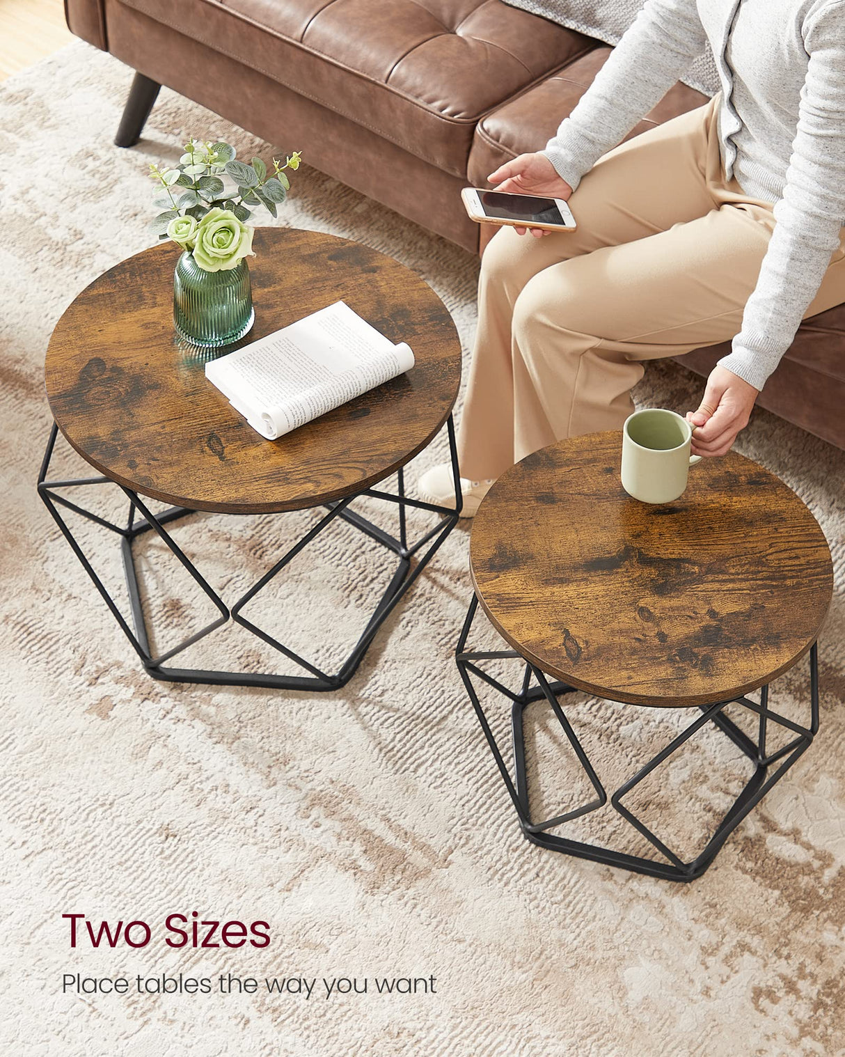 VASAGLE Small Coffee Table Set of 2, Round Coffee Table with Steel Frame, Side End Table for Living Room, Bedroom, Office, Rustic Brown and Ink Black VASAGLE