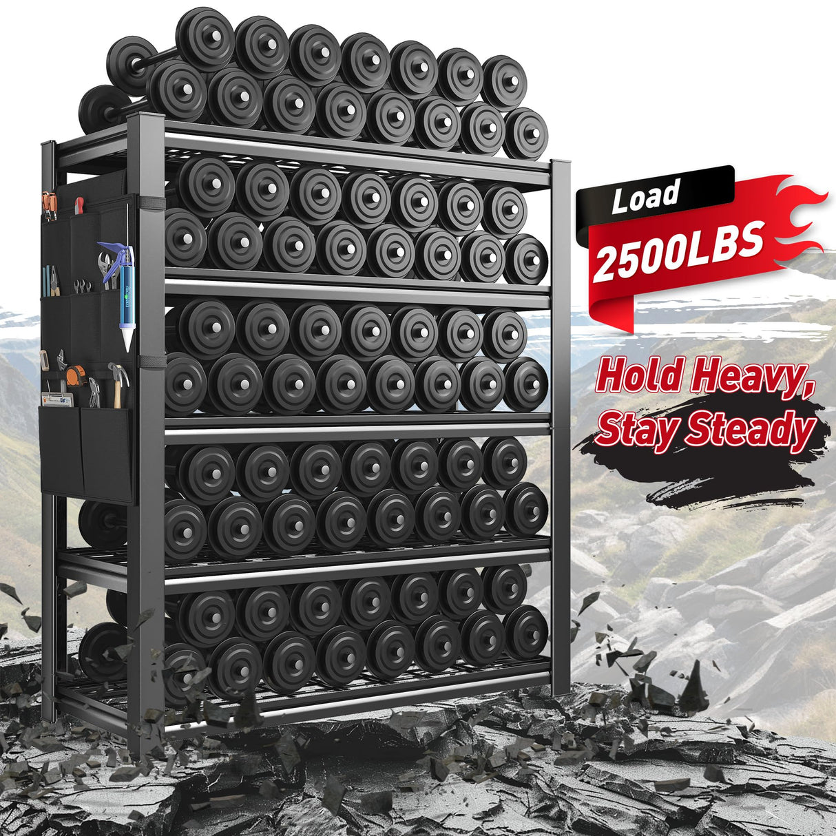 REIBII Storage Shelves, Heavy Duty Garage Shelving Load 2500LBS, 5-Tier Garage Shelves with Tool Storage Bag, Adjustable Industrial Metal Shelving for Basement, 66" H x38.2 W x16 D, Black REIBII