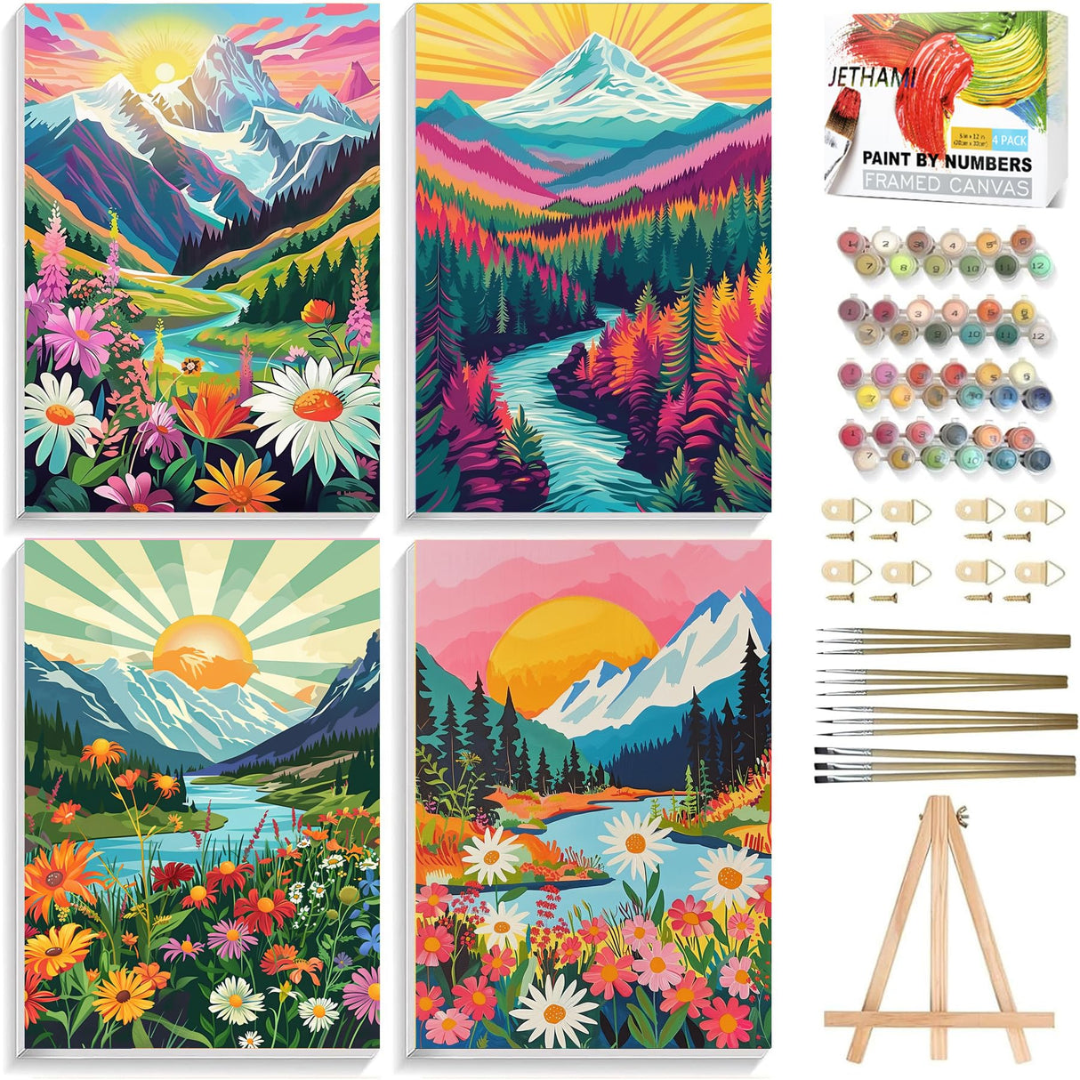 Jethami 4 Pack Paint by Numbers for Adults, Mountains Lake Sunset Landscape DIY Art Kits for Beginners, 8x12 in Framed Canvas for Home Decor Jethami