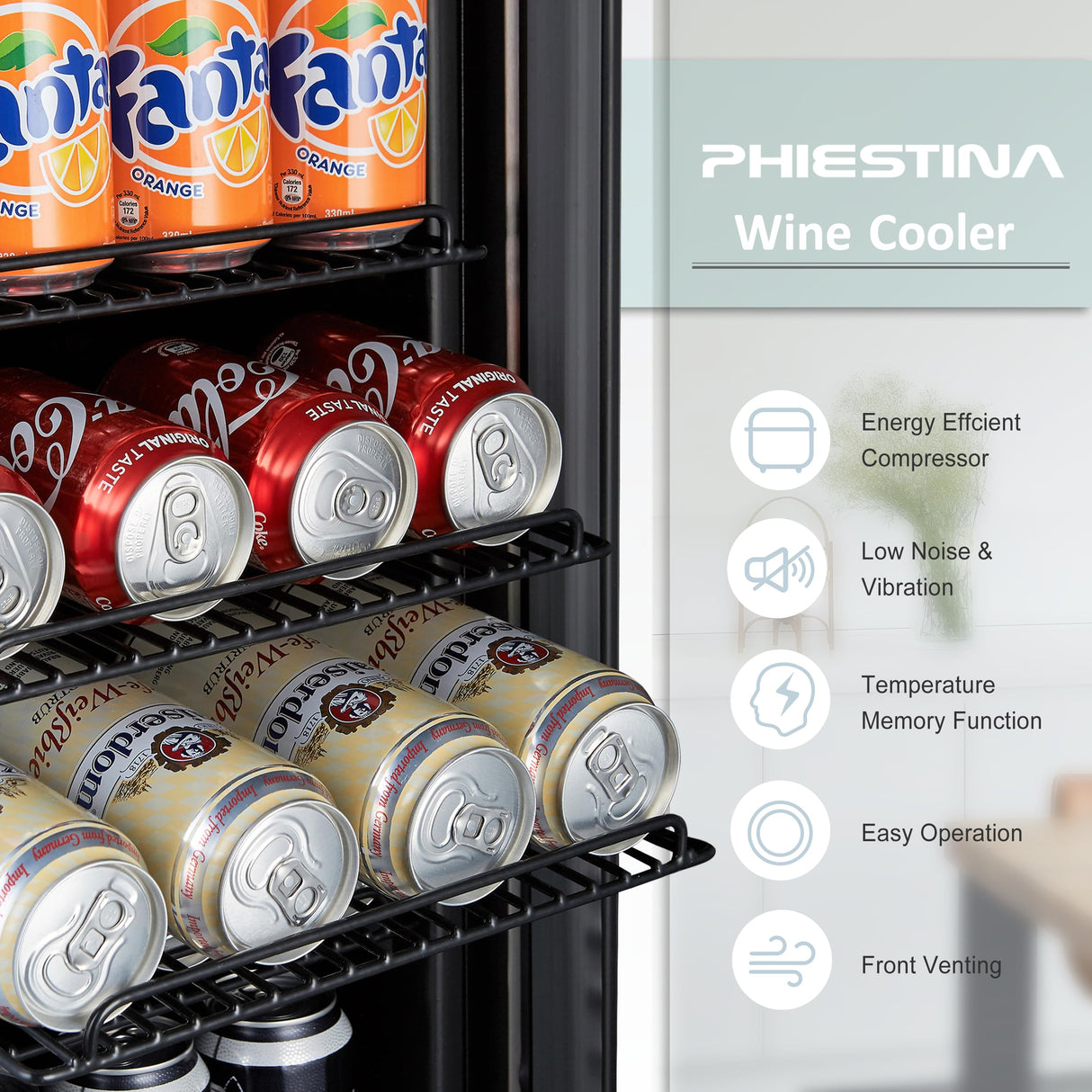 Beverage Refrigerator, Phiestina15 Inch 96 Cans Beverage Cooler Small Wine Fridge Built-in or Freestanding with Auto Defrost,Glass Door & Removable Shelves for Drink Sodas Beer Wine Phiestina