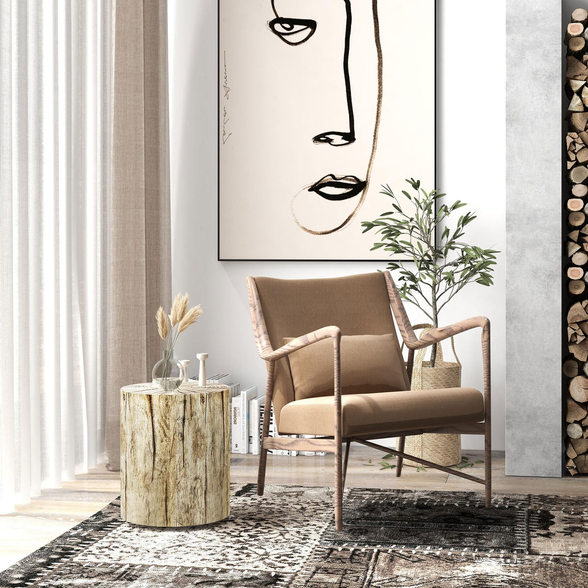 HOMCOM Tree Stump Stool, Decorative Side Table with Round Tabletop, Concrete End Table with Wood Grain Finish for Indoors and Outdoors HOMCOM