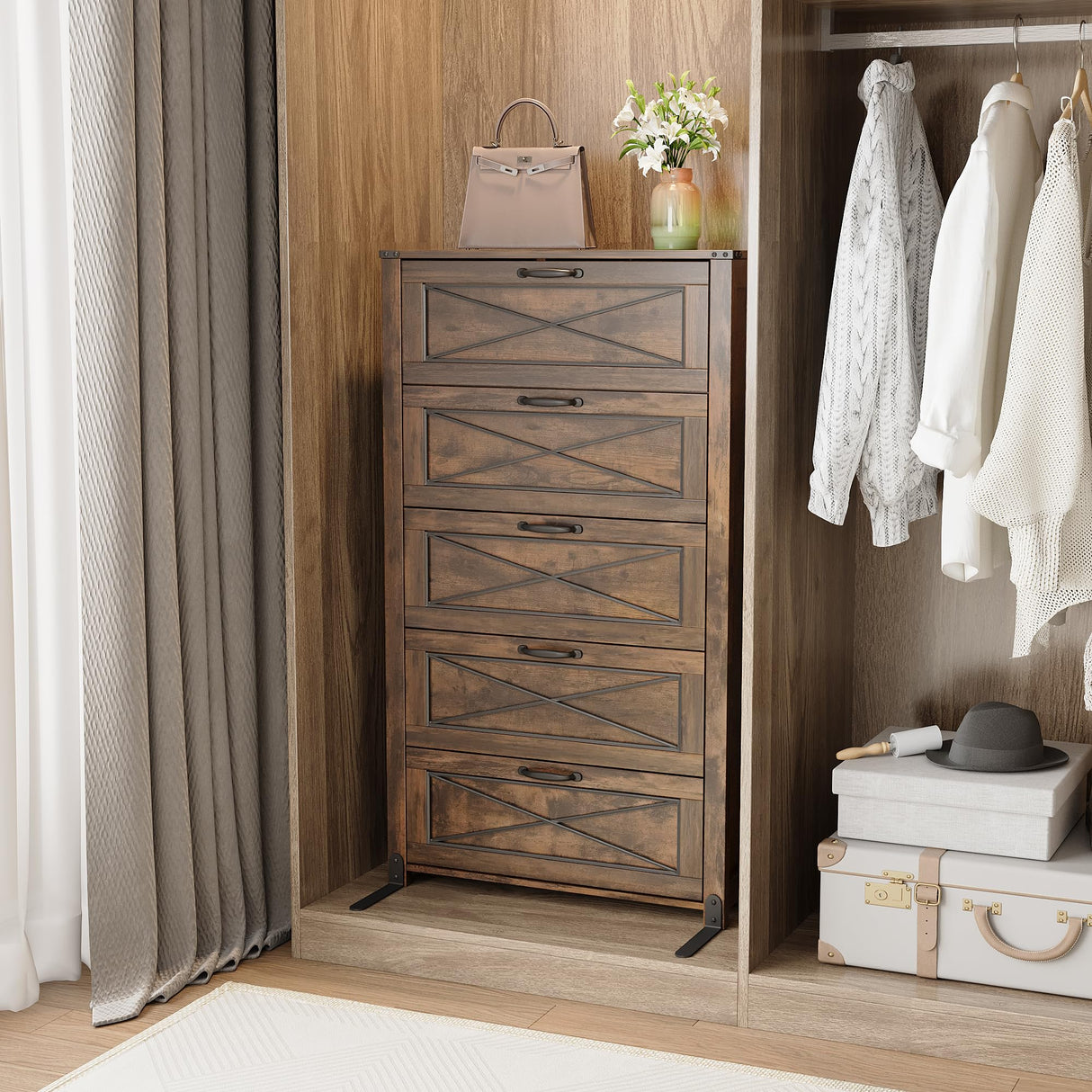 Maupvit 5 Drawers Dresser for Bedroom,Farmhouse Tall Wooden Dresser & Chests of Drawers,Large Storage Organizer for Closet, Hallway, Entryway,Living Room (Brown) Maupvit