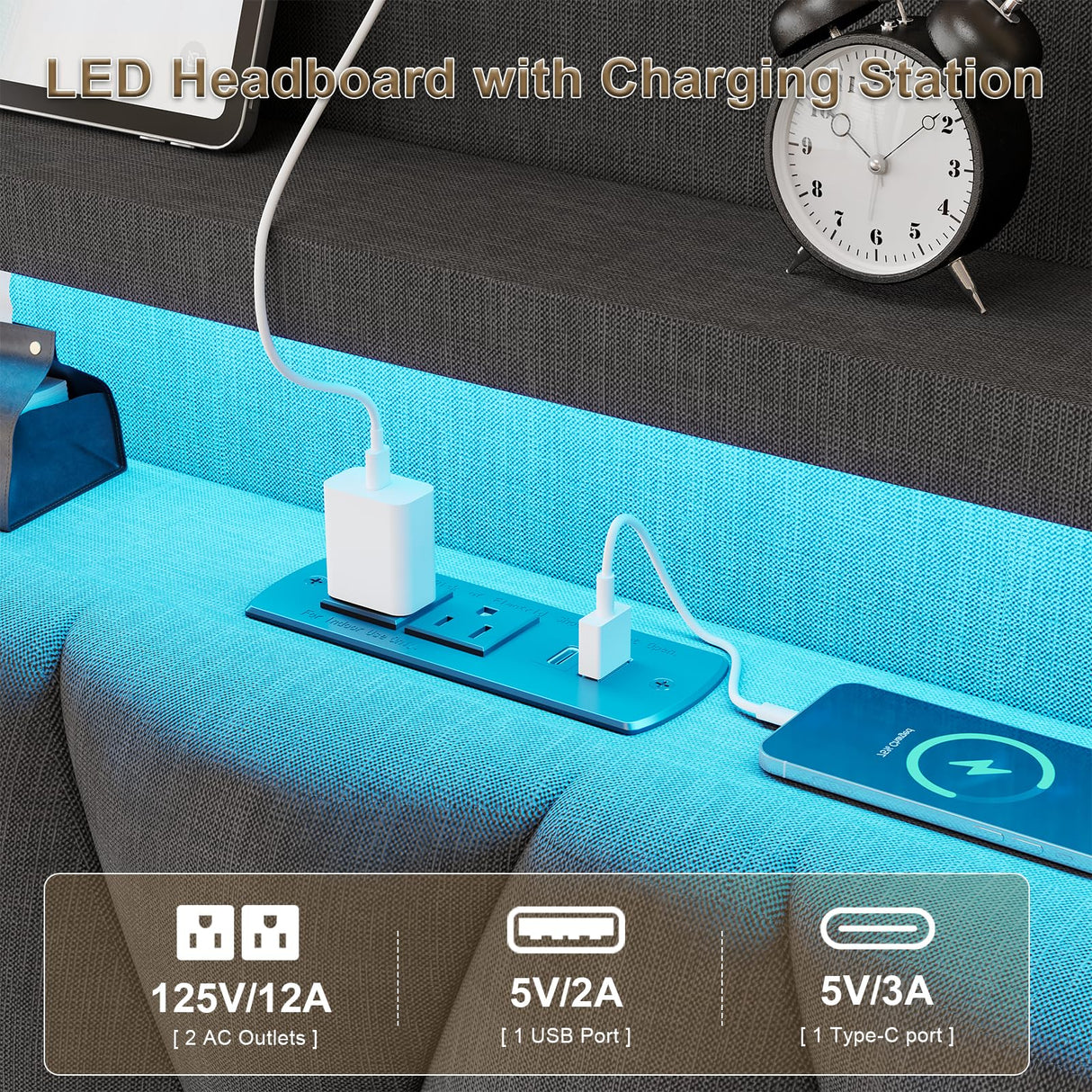 busyaeh Dark Gray Floating Bed Frame Queen with Hidden Storage, Charging Station & LED Lights busyaeh