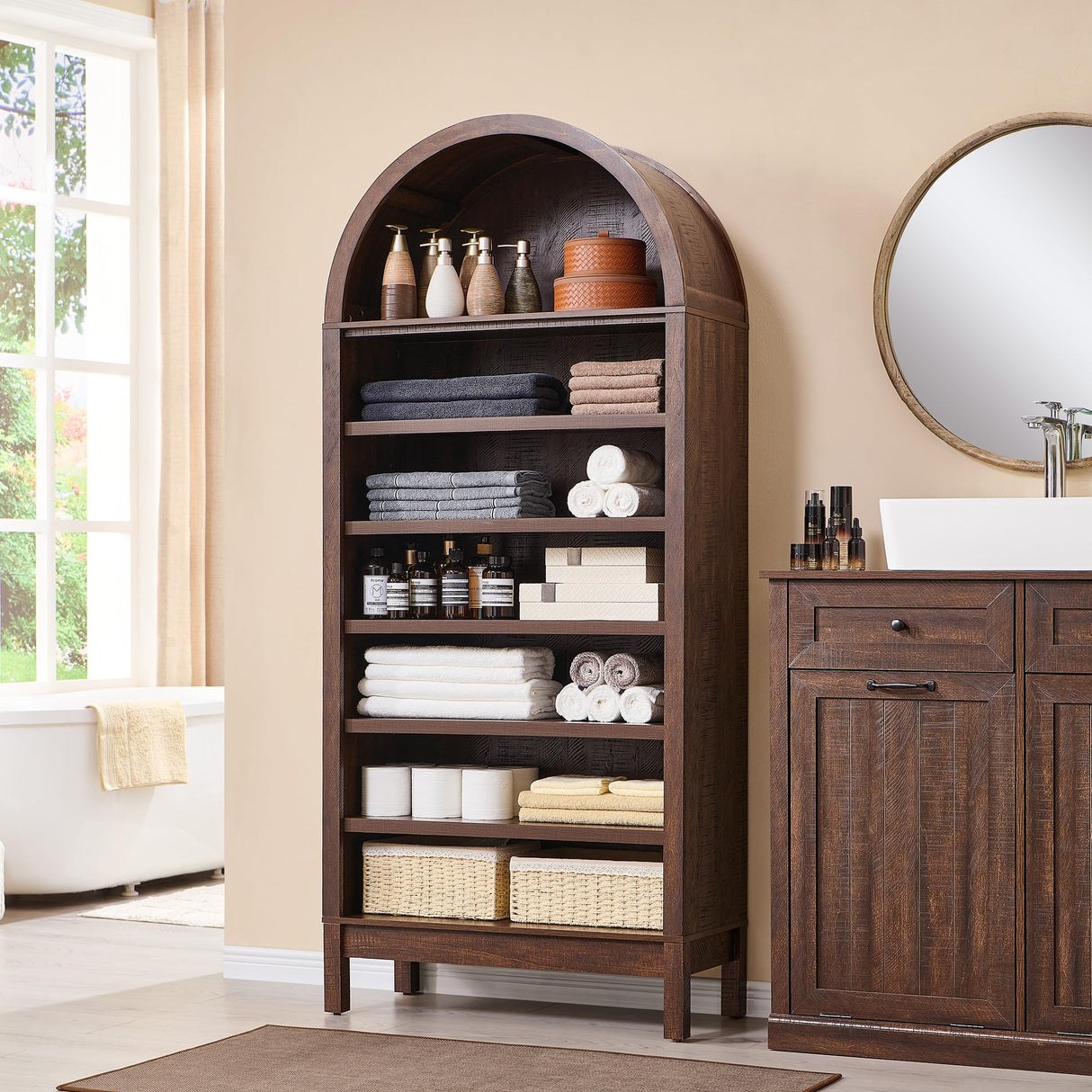 IFGET 71" Tall Arched Bookshelf, 7 Tiers Arch Bookcase with Storage, Modern Farmhouse Book Shelf with Adjustable Shelves, Wood Bookshelf w/Open Display Shelves for Living Room, Office (Brown) IFGET