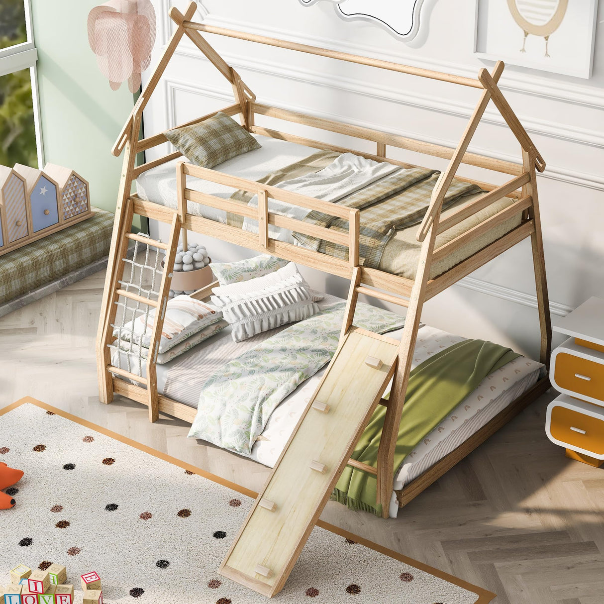 Merax Twin Over Queen Solid Wood Bunk Bed with Climbing Ramp and Nets for Kids and Teens - Natural Finish Merax
