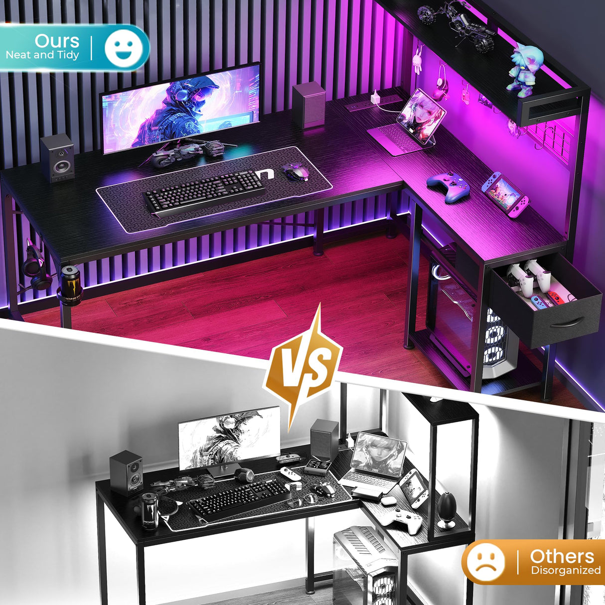 PRAISUN L Shaped Gaming Desk with Shelves, Corner Computer Table with LED Lights, Power Outlets and USB-C Ports, 50 Inch Reversible Home Office Desk with Storage Drawer, for Work and Study, Black PRAISUN