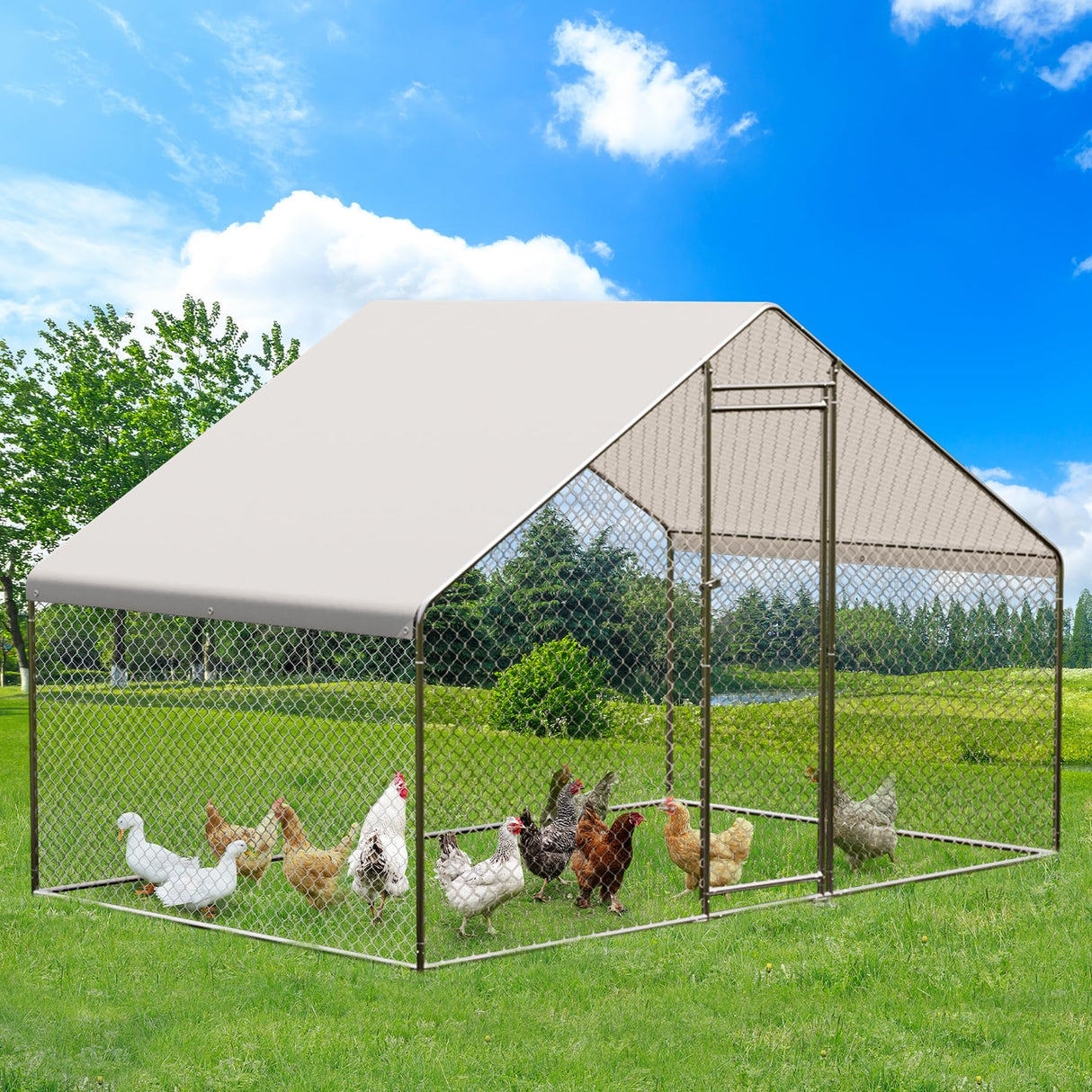 ShiningLove Large Metal Chicken Coop, Walk-in Poultry Cage, Chicken House with Waterproof and Anti-Ultraviolet Cover for Outdoor Yard Farm Silver 9.8X6.5X6.5FT ShiningLove