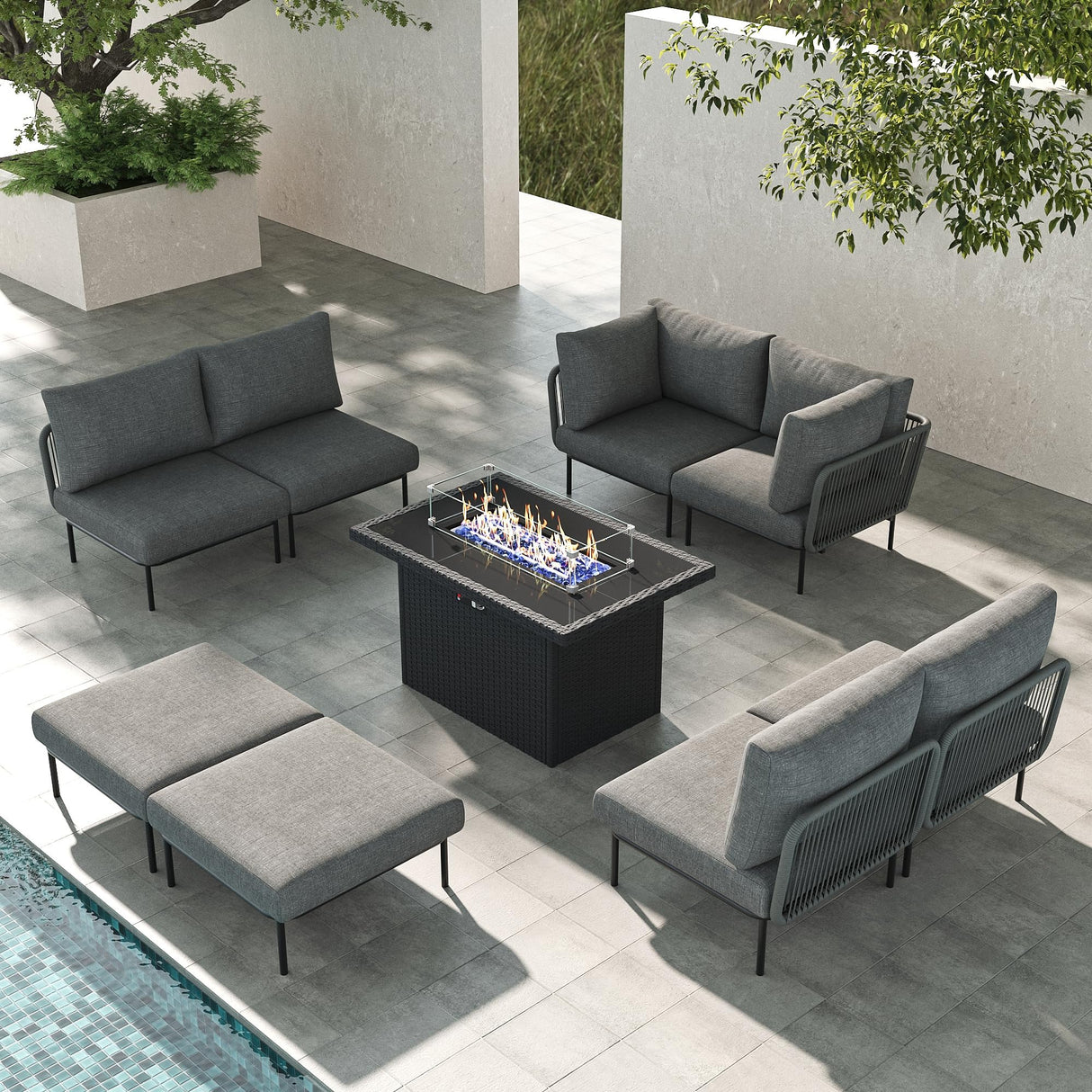 LayinSun 9 Pieces Aluminum Patio Furniture Set, Modern Modular Sectional Sofa with Fire Pit Table and Upgrade Thickness Cushion LayinSun
