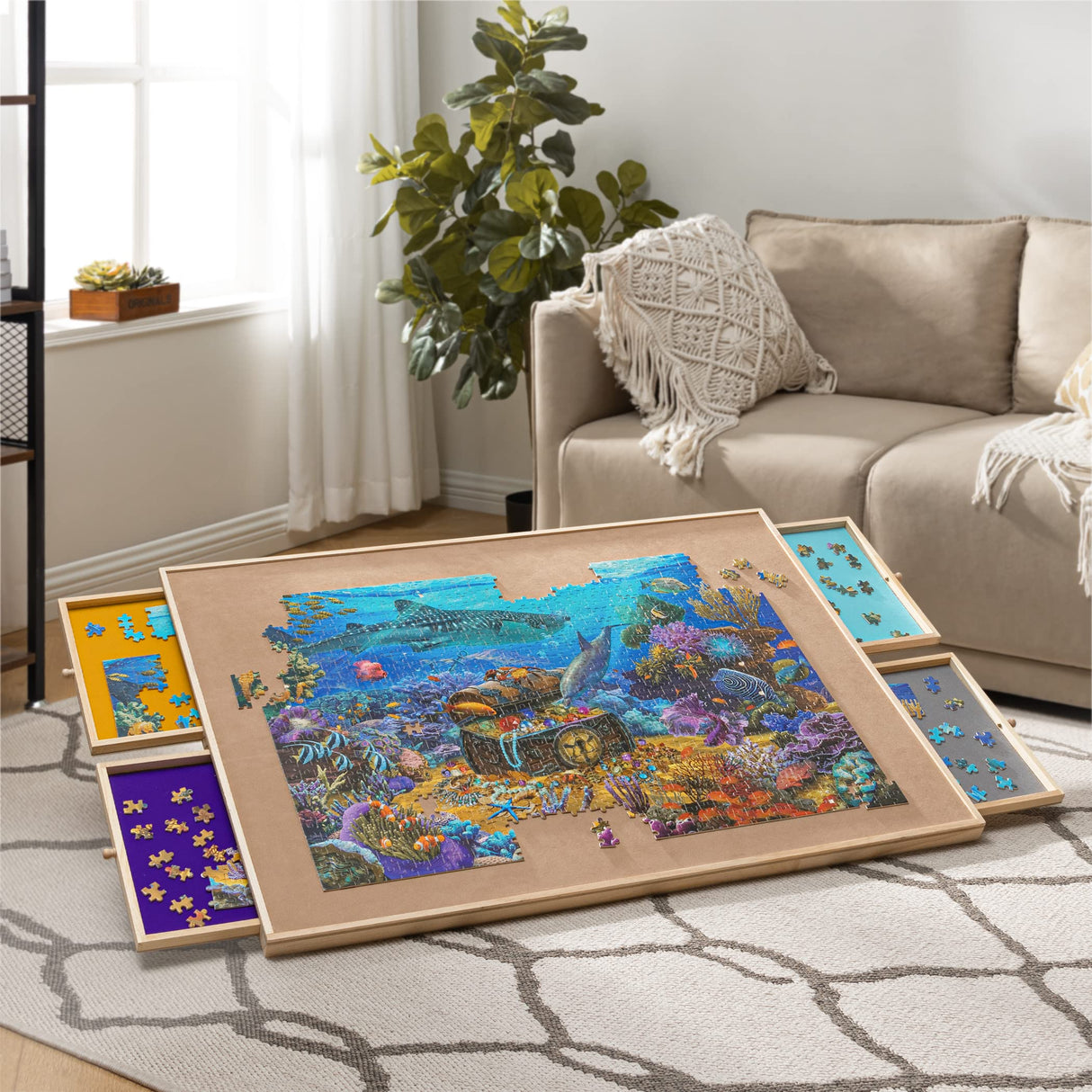 Becko US 1500-Pc Tilting Jigsaw Puzzle Board with 4 Colorful Drawers & Cover, Adjustable Puzzle Table with Built-in Easel/Stand, Portable Tables with Storage for Adults, with Premium Flannel Tabletop Becko US