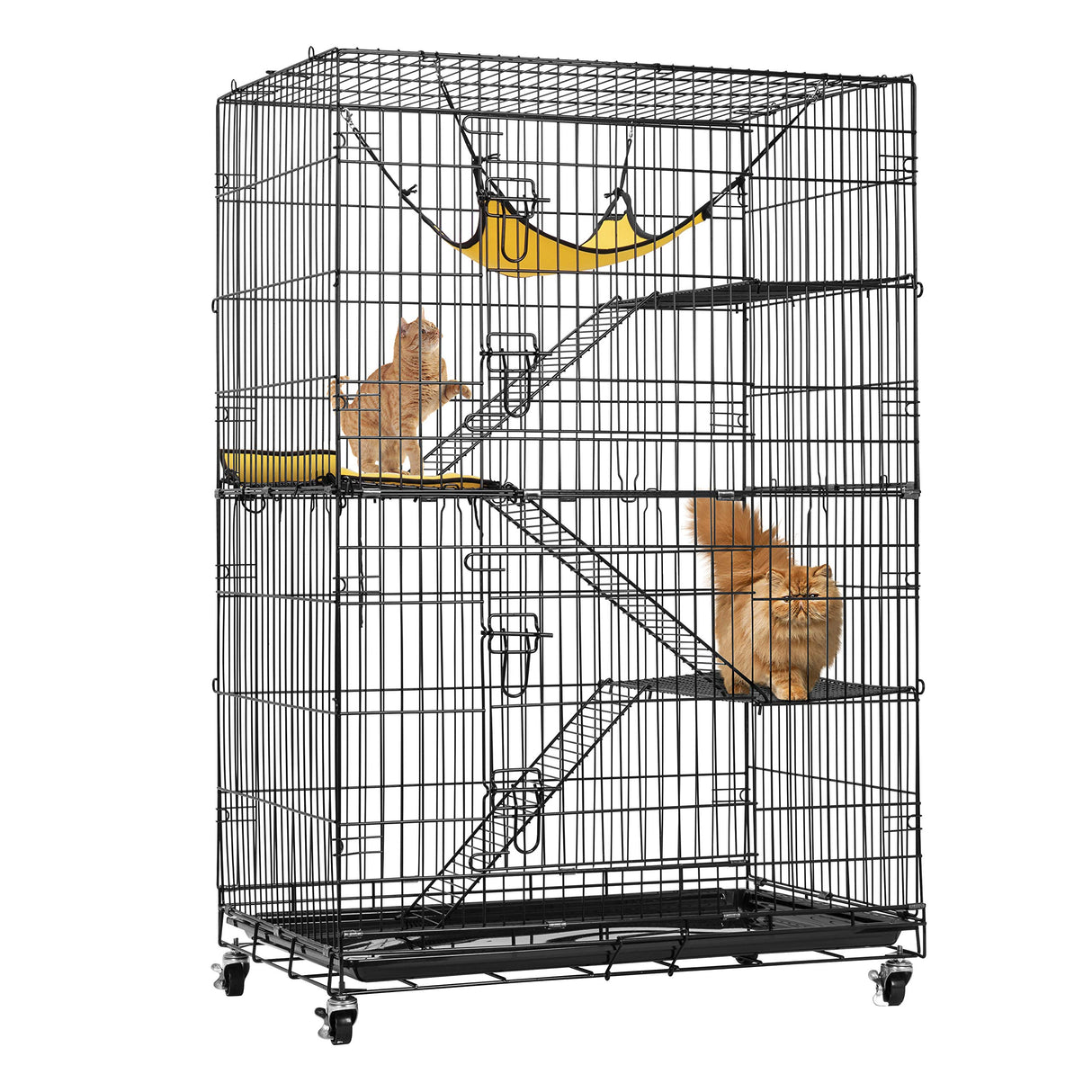 VIVOHOME 4-Tier 49 Inch Collapsible Metal Cat Kitten Ferret Cage 360° Rotating Casters Enclosure Pet Playpen with Ramp Ladders Hammock and Bed Black VIVOHOME