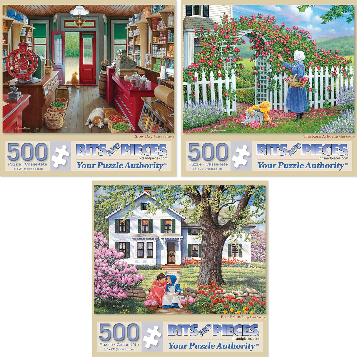 Bits and Pieces – Value Set of Three 500 Piece Jigsaw Puzzles for Adults – Slow Day, The Rose Arbor, Best Friends Jigsaw Puzzles by Artist John Sloane, Completed Puzzle Size: 18" x 24" Bits and Pieces
