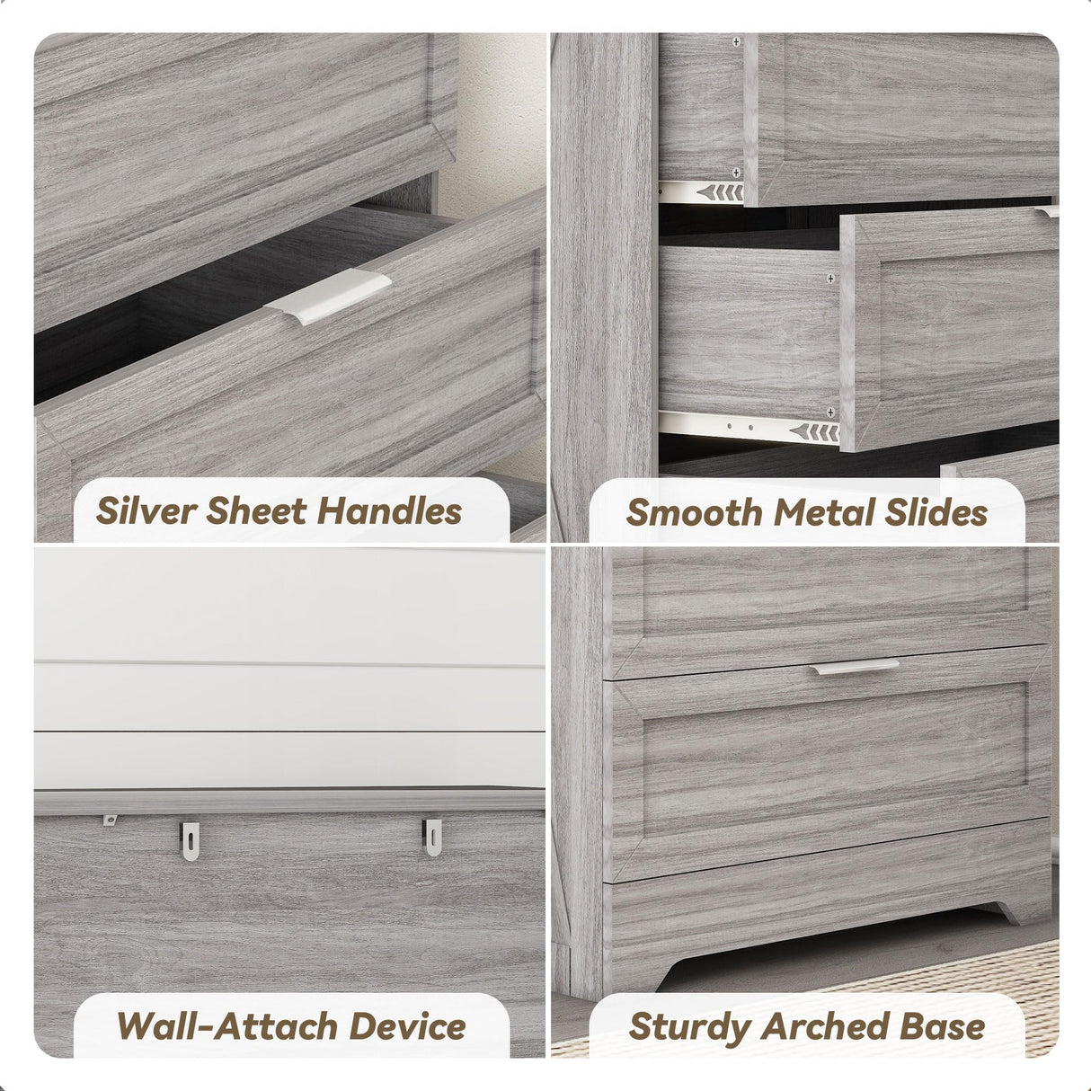 FTZxHKLX Farmhouse 4 Drawer Dresser for Bedroom, Tall Bedroom Dresser with Large Drawer & Silver Handles, Wooden Storage Organizer Cabinet Chest of Drawer for Closet, Living Room, Hallway, Wash Grey FTZxHKLX