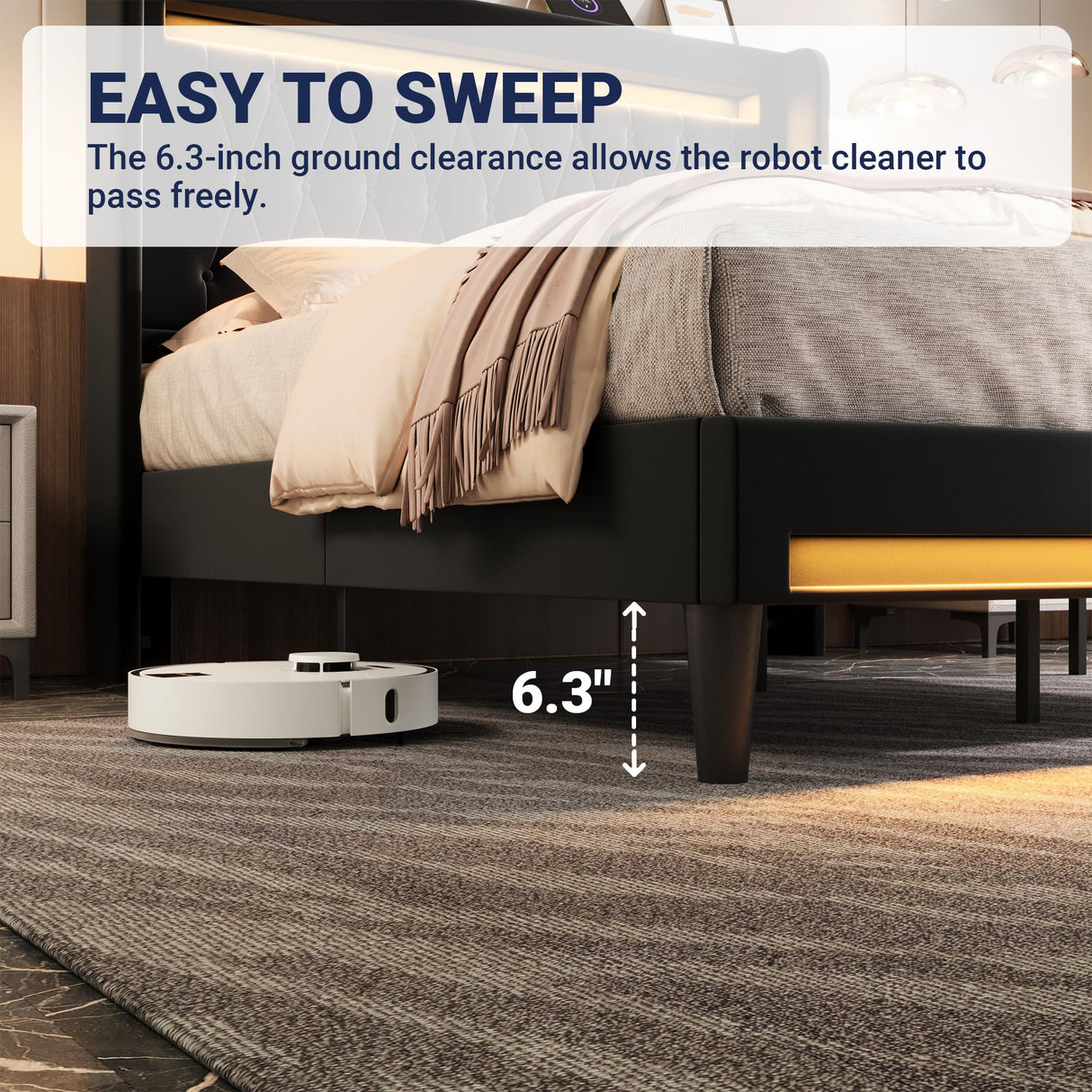 Allewie Upholstered King Size Platform Bed Frame with LED Light and Charging Station, Button Tufted High Headboard, Wingback Design, Noise Free, Easy Assembly, No Box Spring Needed, Black Allewie