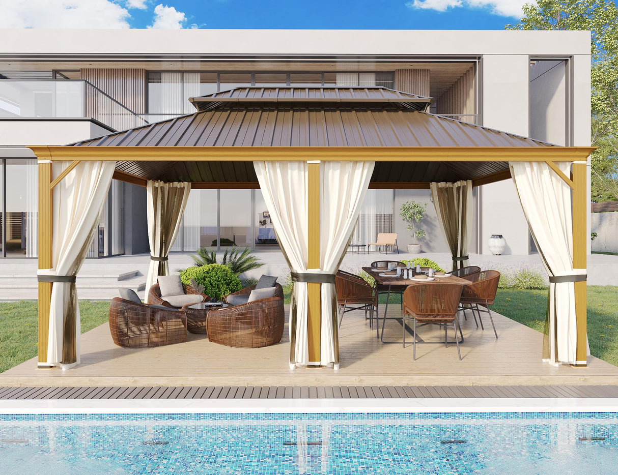 YOLENY 12' x 18' Hardtop Gazebo Faux Wood Grain Metal Gazebo with Aluminum Frame, Galvanized Steel Double Roof, Outdoor Patio Gazebo Pergolas with Netting and Curtains for Backyard, Patio, Lawns YOLENY