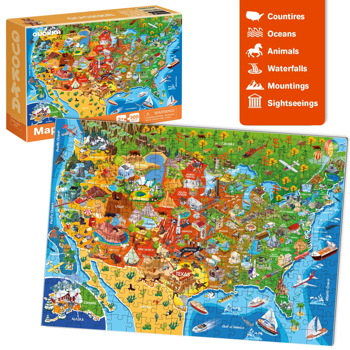 QUOKKA 300 Piece Floor Puzzles for Kids Ages 10-12 - 3X Set Floor Jigsaw Puzzles Large Pieces - Learning Space USA and World Maps - Gift Game for Adults Family Boys and Girls 8-10 Year Olds QUOKKA