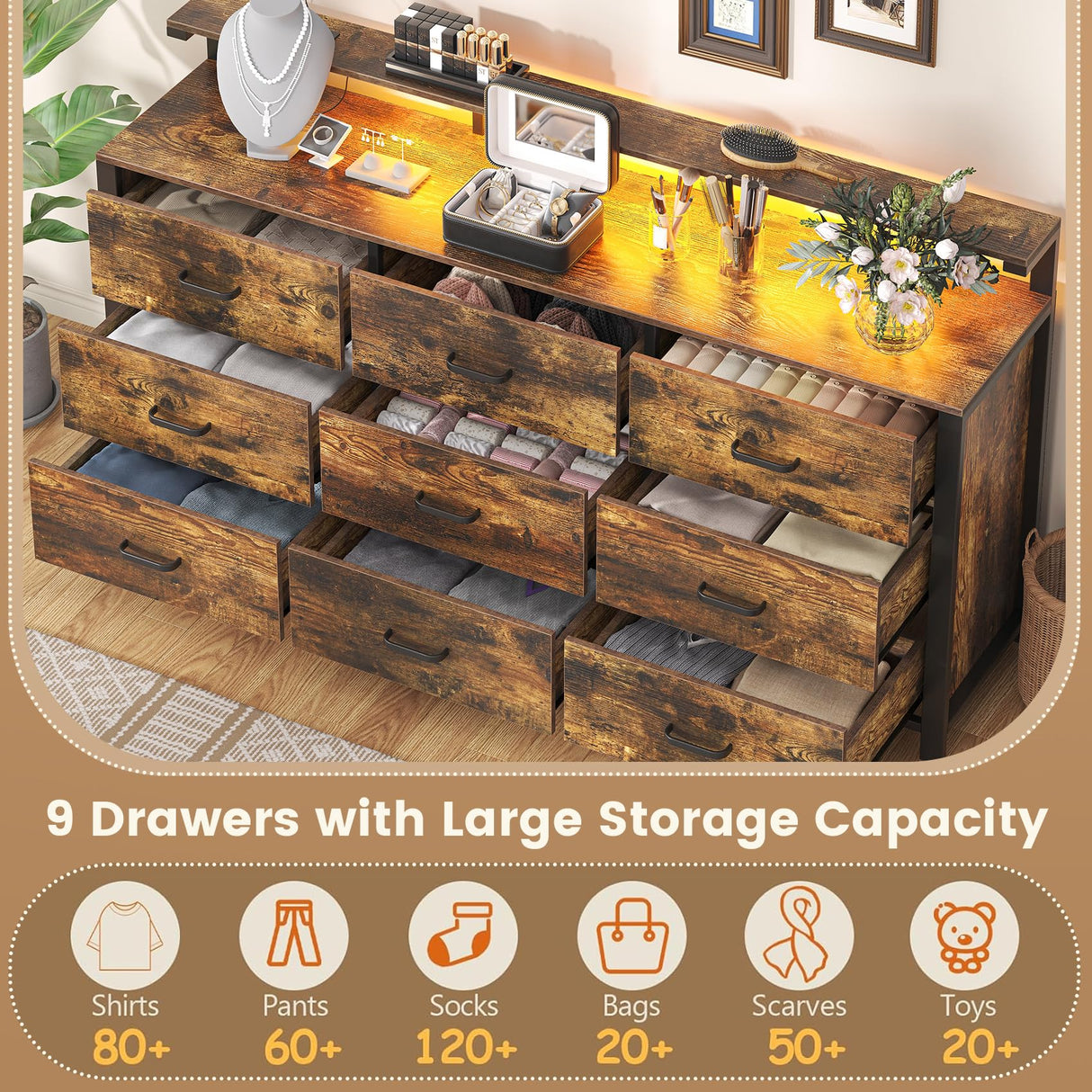 Frmobepts 63'' Rustic Brown Dresser for Bedroom, 9 Drawer Dresser with Power Outlet and Led Lights, Bedroom Furniture with Wooden Drawer and Metal Frame, TV Stand with Deep Drawer Storage Frmobepts