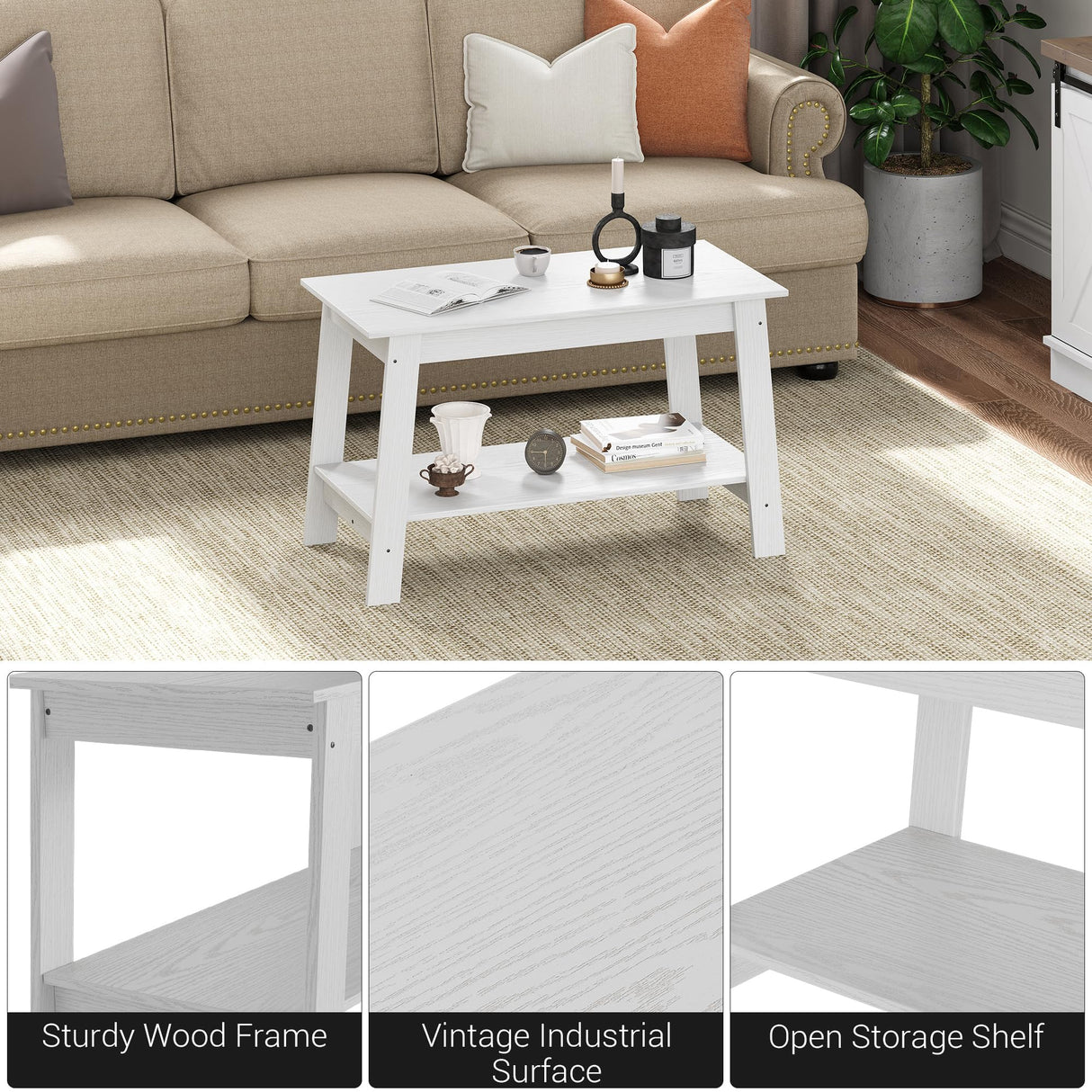 Coffee Table, 31.49'' Small Living Room Tables, 2-Tier Rustic Coffee Table for Living Room, Modern Farmhouse Style Rectangular Wood Table for Outdoors, Home Office, Bedroom, Apartment, White IDEALHOUSE