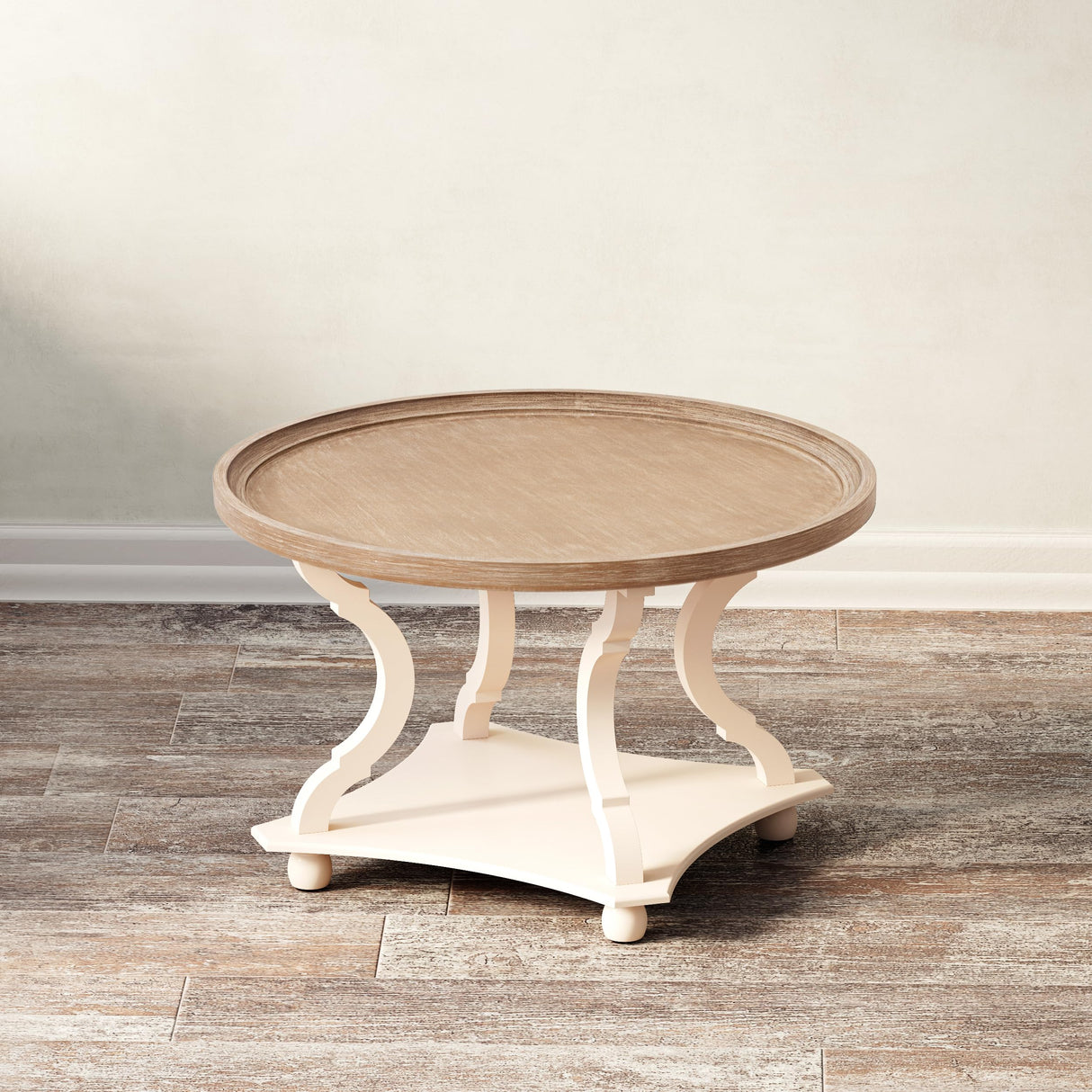 COZAYH Round Farmhouse Coffee Table with Handmade Finish, Wood Tray Top Rustic Coffee Table for Added Thickness, Accent Table with Storage for Living Room, Small Place, White, Circle COZAYH