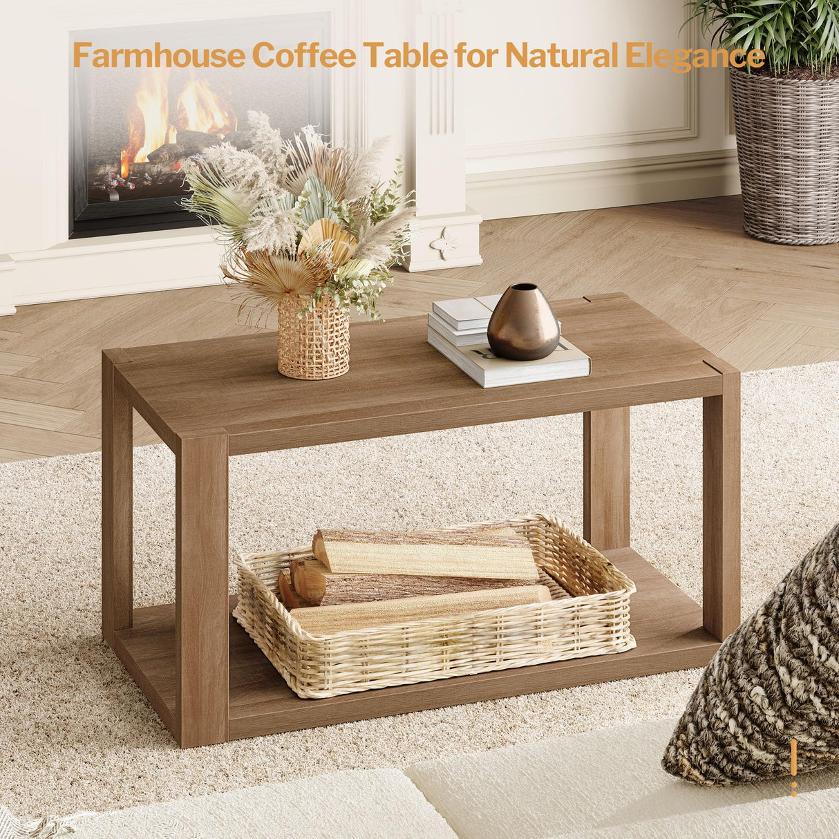 SICOTAS Farmhouse Wood Coffee Table - Boho Table with Storage Shelf, Rectangle Center Table Wood Look Accent Table, 2-Tier Sofa Side Table Mid Century SICOTAS