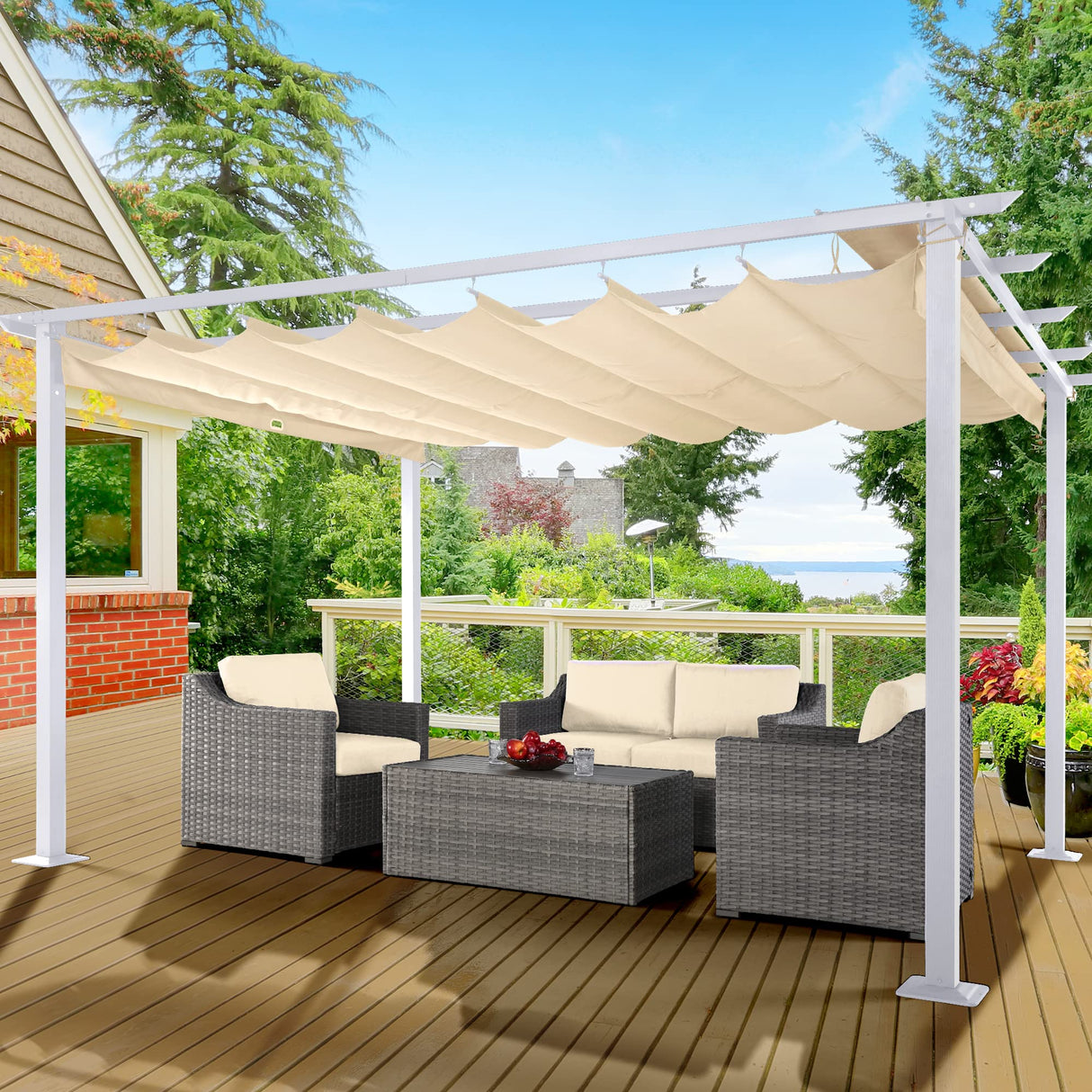 HAPPATIO 10' X 13' Pergola Retractable Pergola Canopy with White Frame for Backyards, Gardens, Patios, Outdoor Pergola with Sun Shade Canopy (Beige) HAPPATIO