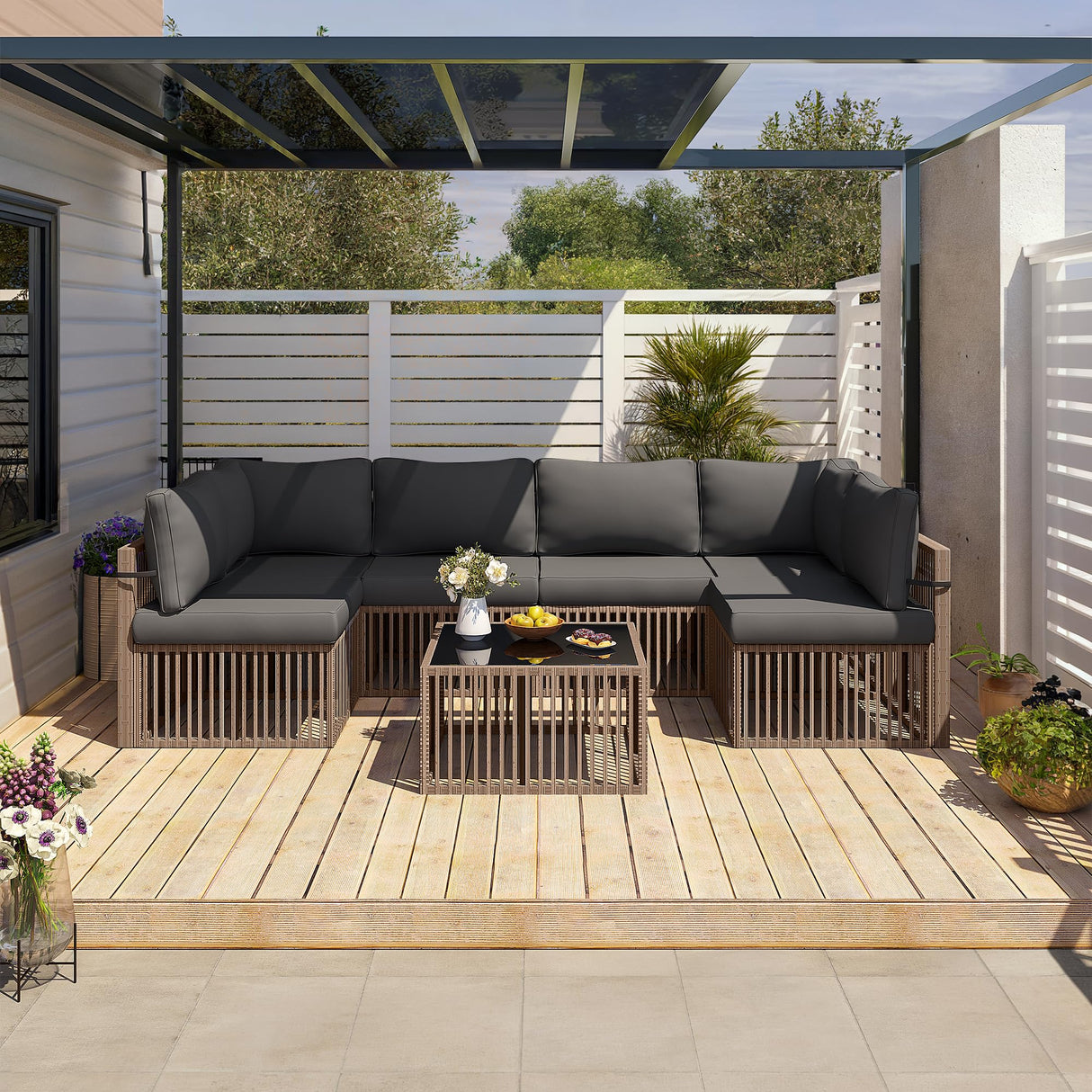 Pamapic 7-Piece Outdoor Sectional Sofa Set, All-Weather PE Rattan Patio Furniture with Washable Cushions Covers, Gray Cushions and Brown Rattan, Dark Gray Pamapic