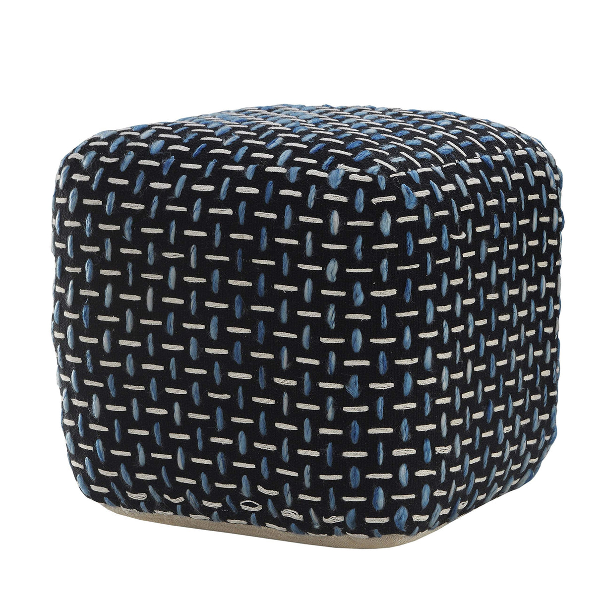LR Home Evette Rios Black/Blue/White Transitional Polyester Square Ottoman Pouf for Home Decor | Hand-Made Modern Pouf Foot Rest for Bedroom & Living Room Decor | 16 x 16 x 16 Stuffed Pouf for Seating L.R. Resources Inc