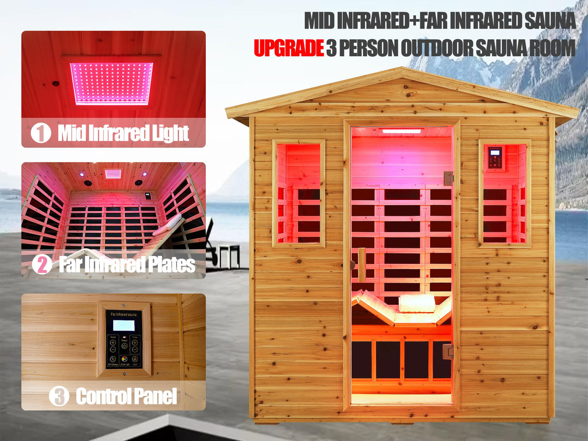 Outdoor Sauna 3 Person Infrared Sauna, Infrared Saunas for Home, 1950W Low EMF Far Infrared Sauna Old Fir Wooden Sauna with Beauty Red Light, Foldable Seat, Bluetooth, Chromotherapy Lamp, Reading Lamp SALUSHEAT