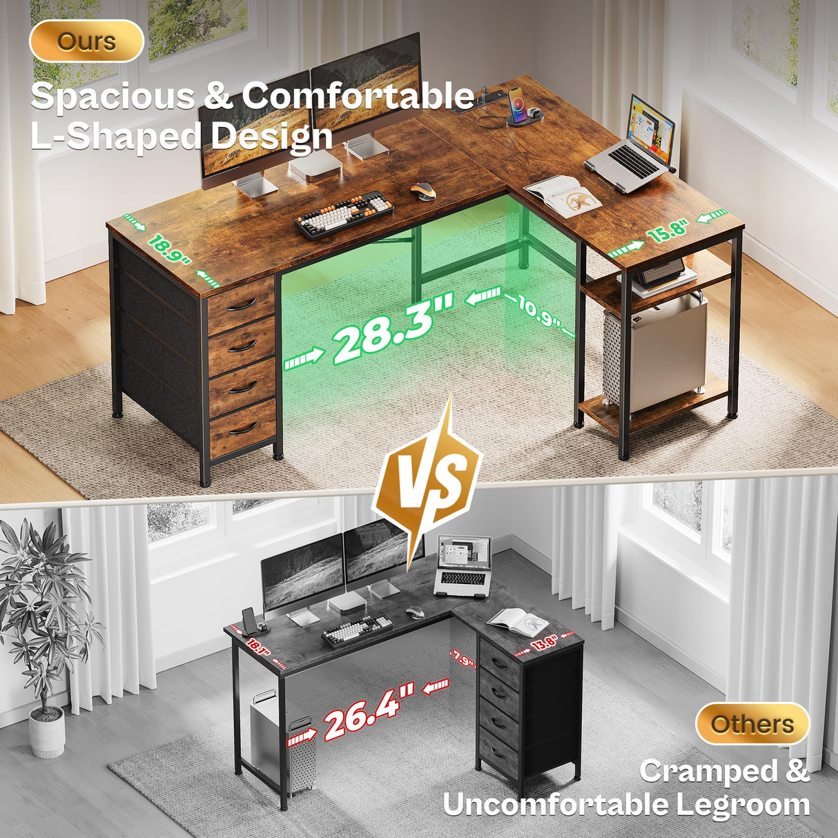 Huuger 55 Inch L Shaped Desk with Fabric Drawers, Reversible Computer Gaming Desk with Power Outlets and USB-C Port, Adjustable Side Storage Shelves, for Work Study Corner Home Office, Rustic Brown Huuger