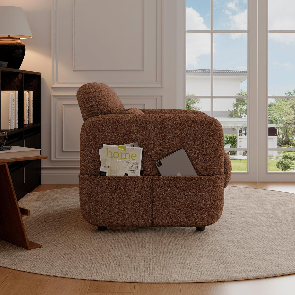 ISHUHL 33.46" Accent Chair, Oversized Sherpa Lamb Fabric Armchair Big Comfy Upholstered Armed Chair Single Sofa Chair with Waist Pillow for Bedroom, Living Room (Dark Brown) ISHUHL