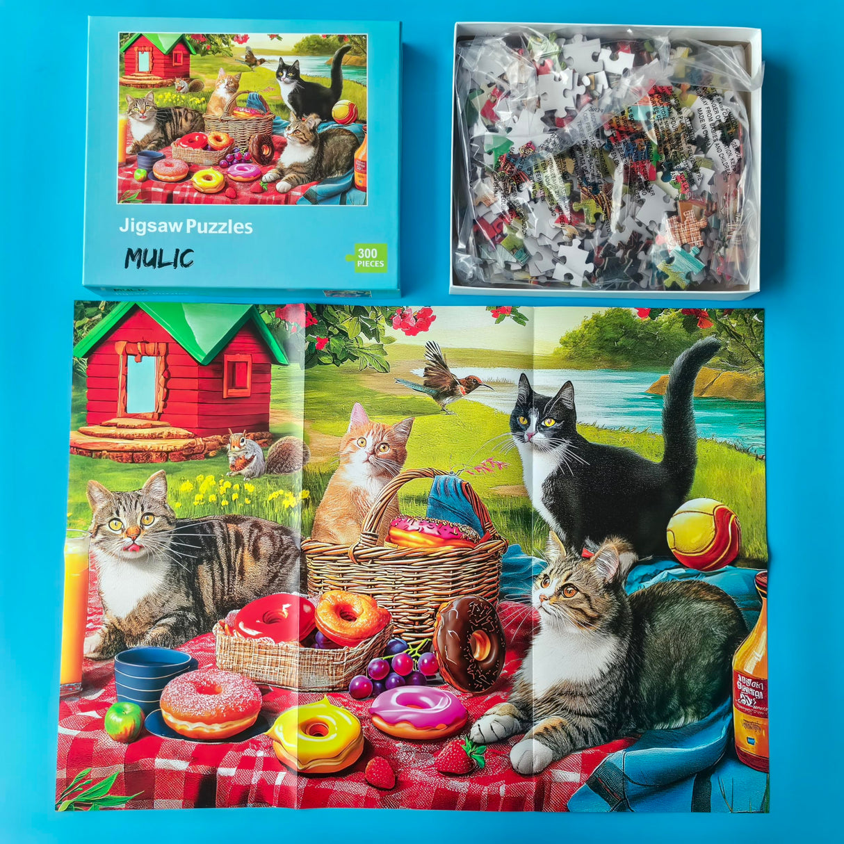 300 Piece Puzzles for Adults Large Piece - Large Jigsaw Puzzles for Kids and Seniors - Picnic Kittens and Donut Mulic