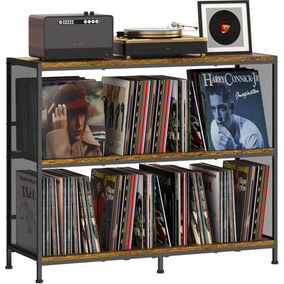 3-Tier Vinyl Record Storage: Vintage Player Table with Spacious Storage - Up to 450 Records, Turntable Stand with Adjustable Dividers, Extra Top Surface for Audio Equipment, Perfect for Living Room