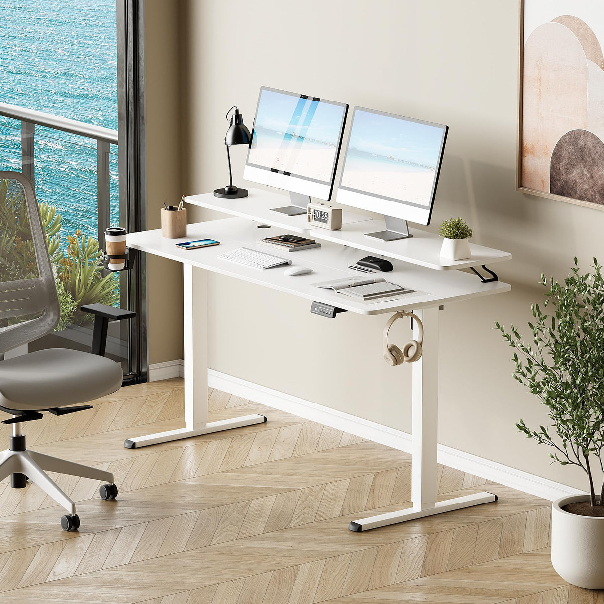 Furmax Electric Standing Desk with Monitor and Laptop Workstation, 55 x 24 Inches Height Adjustable Sit Stand Up Desk, Computer Workstation with Cup Holder and Hook, Holes for Cables, White Furmax