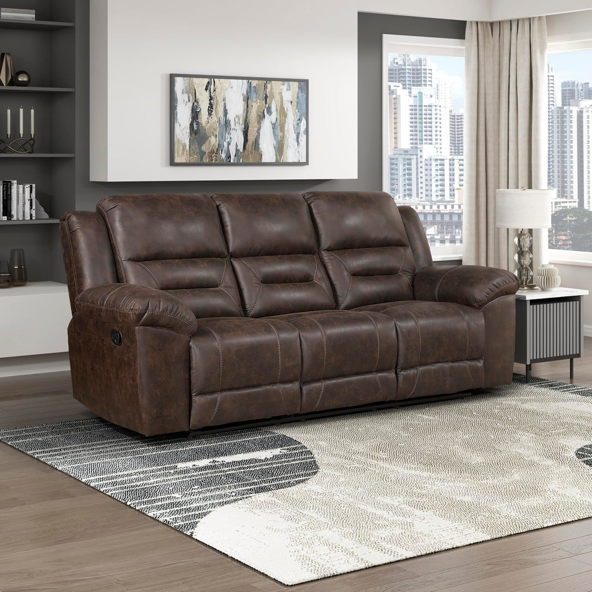 Lexicon Double Recliner Sofa for Living Room, Wall Hugger Manual Reclining Couch Sofa, Textured Microfiber Upholstered Dual Reclining Sofa, Home Theater Seating, Required Assembly, Dark Brown Lexicon