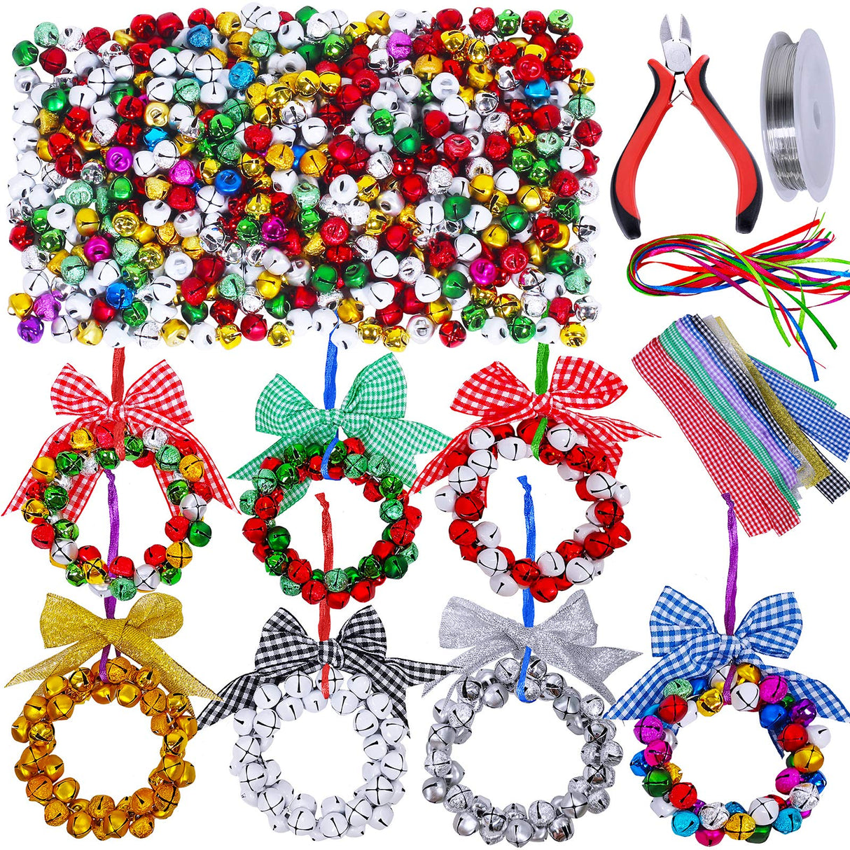 14 Sets Wreath Tree Ornaments Craft Kit with Ribbons, Bows and Bells Assortment for Kids Holiday Winter Bracelets and Necklaces Winlyn