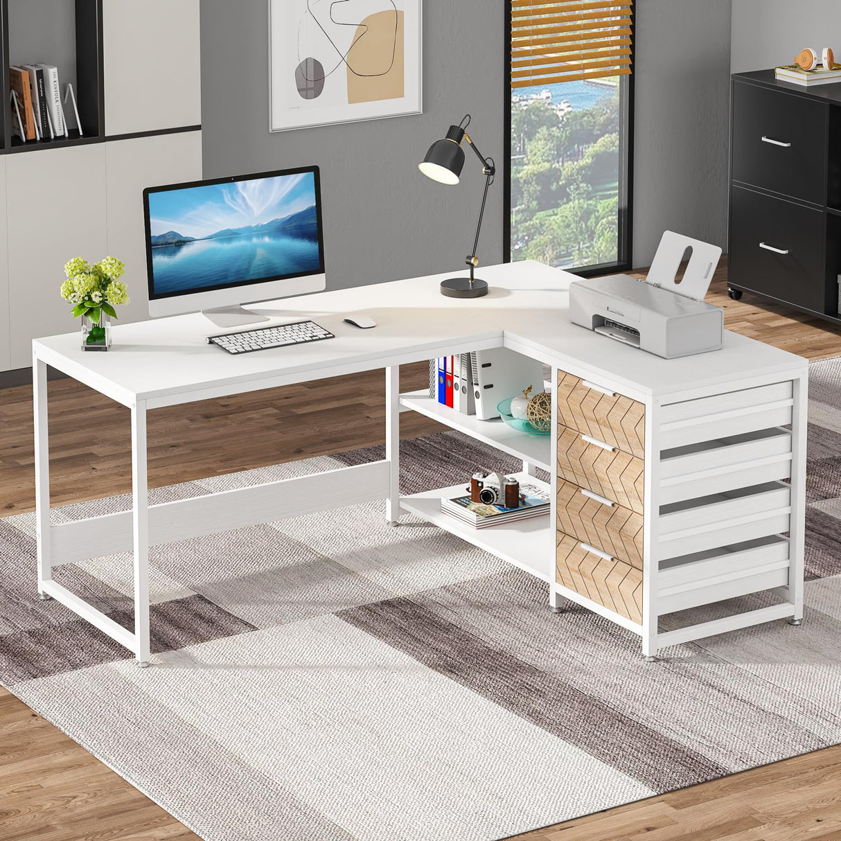 Tribesigns L Shaped Computer Desk with Storage Drawers, 59 inch Corner Desk with Shelves, Reversible L-Shaped Office Desk Study Writing Table Workstation for Home Office, White Tribesigns