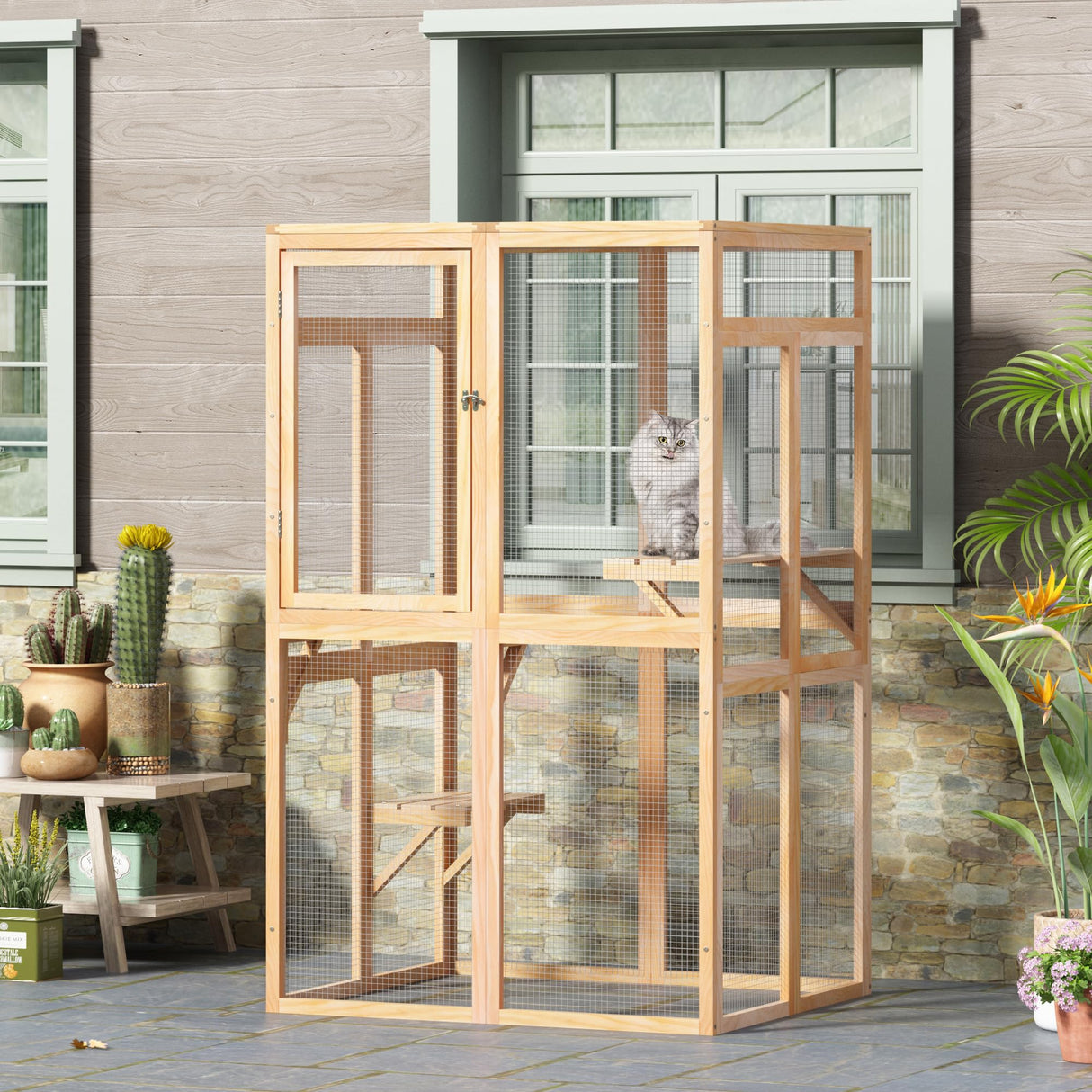 COZIWOW Catio Outdoor Cat Enclosure Window Access, Wooden Cat House Shelter, Kitty Cage with Hammock for Patio Indoor (Wood) COZIWOW