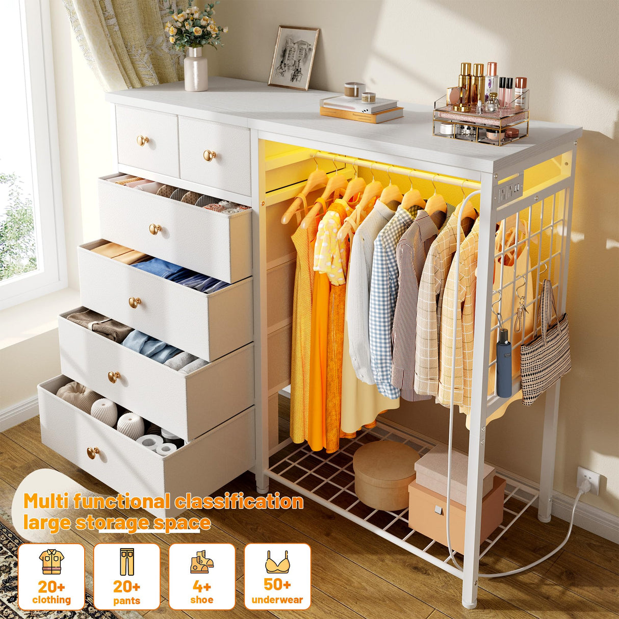 EnHomee 49.2" W White Dresser for Bedroom with Hanging Rack,6 Drawer Dresser with LED Lights & Charging Station, Fabric Dressers & Chest of Drawer with Clothes Rack, Wooden Top, Grid Panel, Closet EnHomee