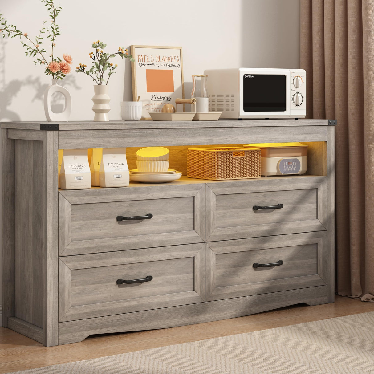 Wodeer 4 Drawer Dresser Chests with LED Light,Wide Chest of Drawers with Metal Handles,Wood Dresser for Storage and Organization for Bedroom,Living Room, Nursery,Hallway,Gray Wodeer