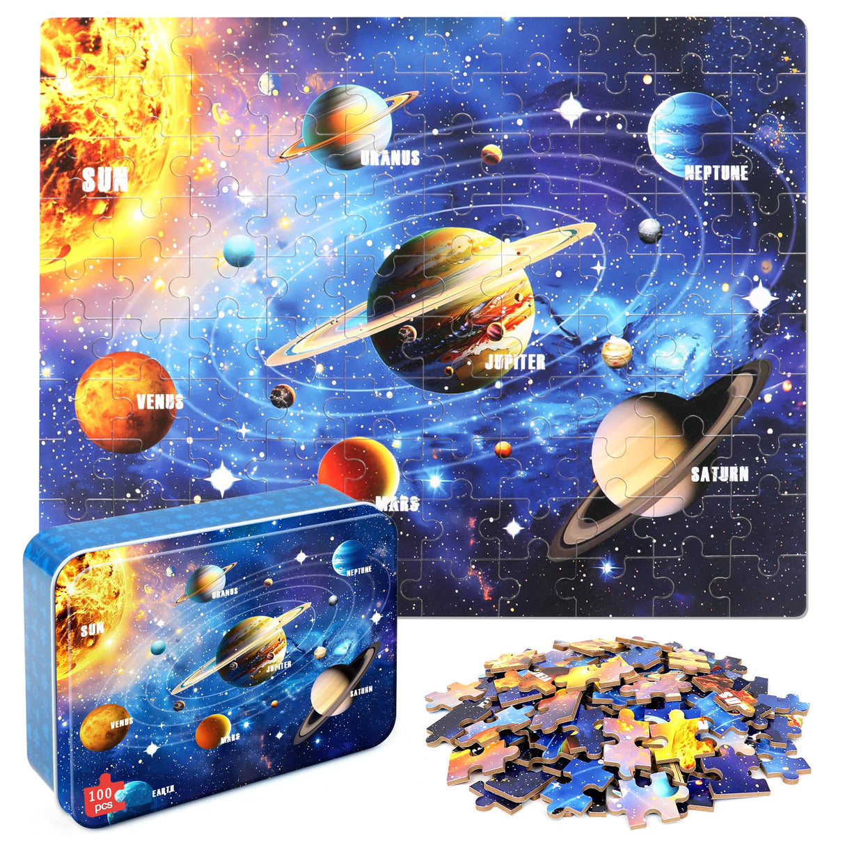 LELEMON 100 Pieces Jigsaw Puzzles for Kids Ages 4-8 Solar System Planets Educational Puzzles Boys Girls Children Learning Educational Puzzles Portable Box Pack Toy LELEMON